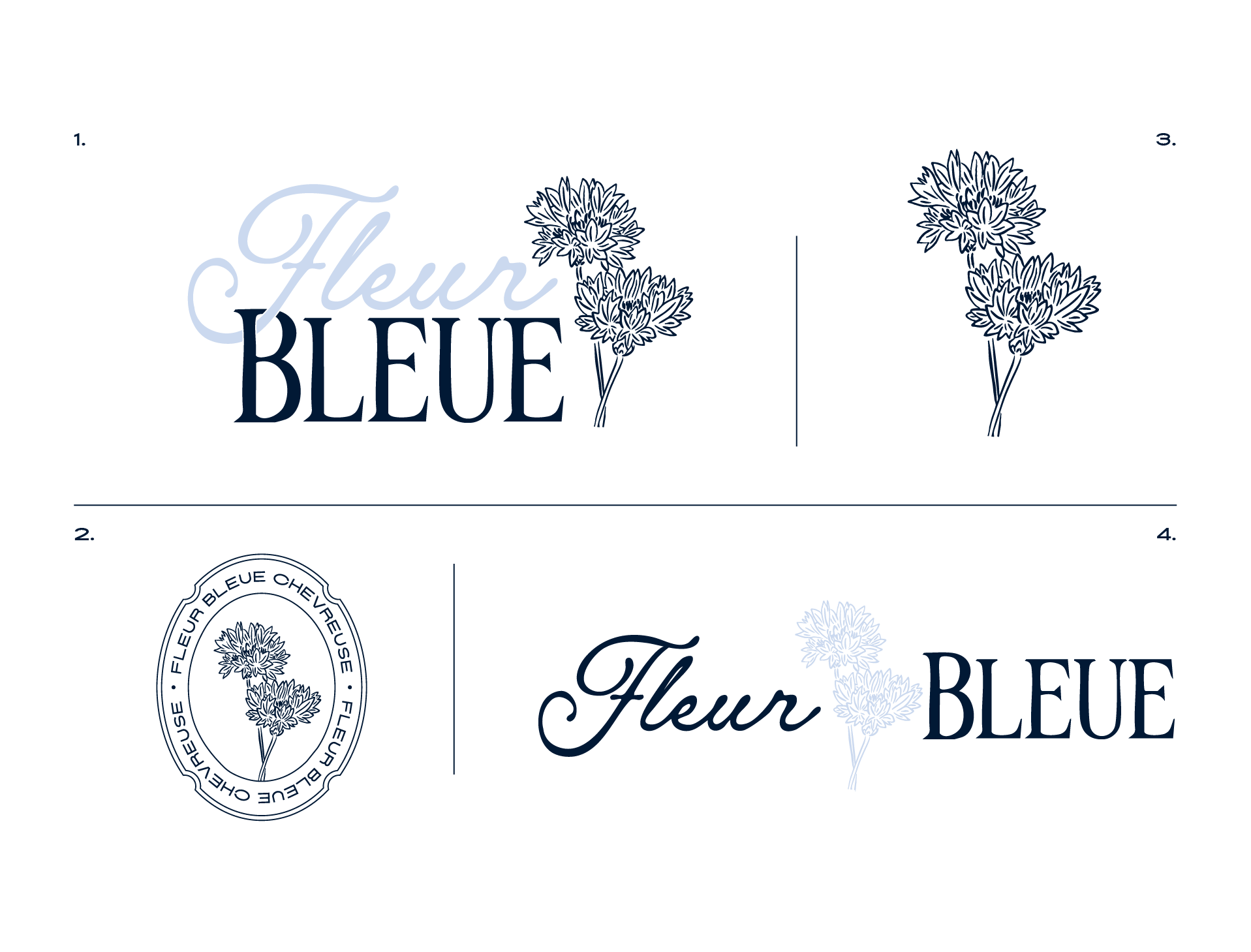 Les déclinaisons du logotypes de Fleur Bleue, fleuriste à Chevreuse