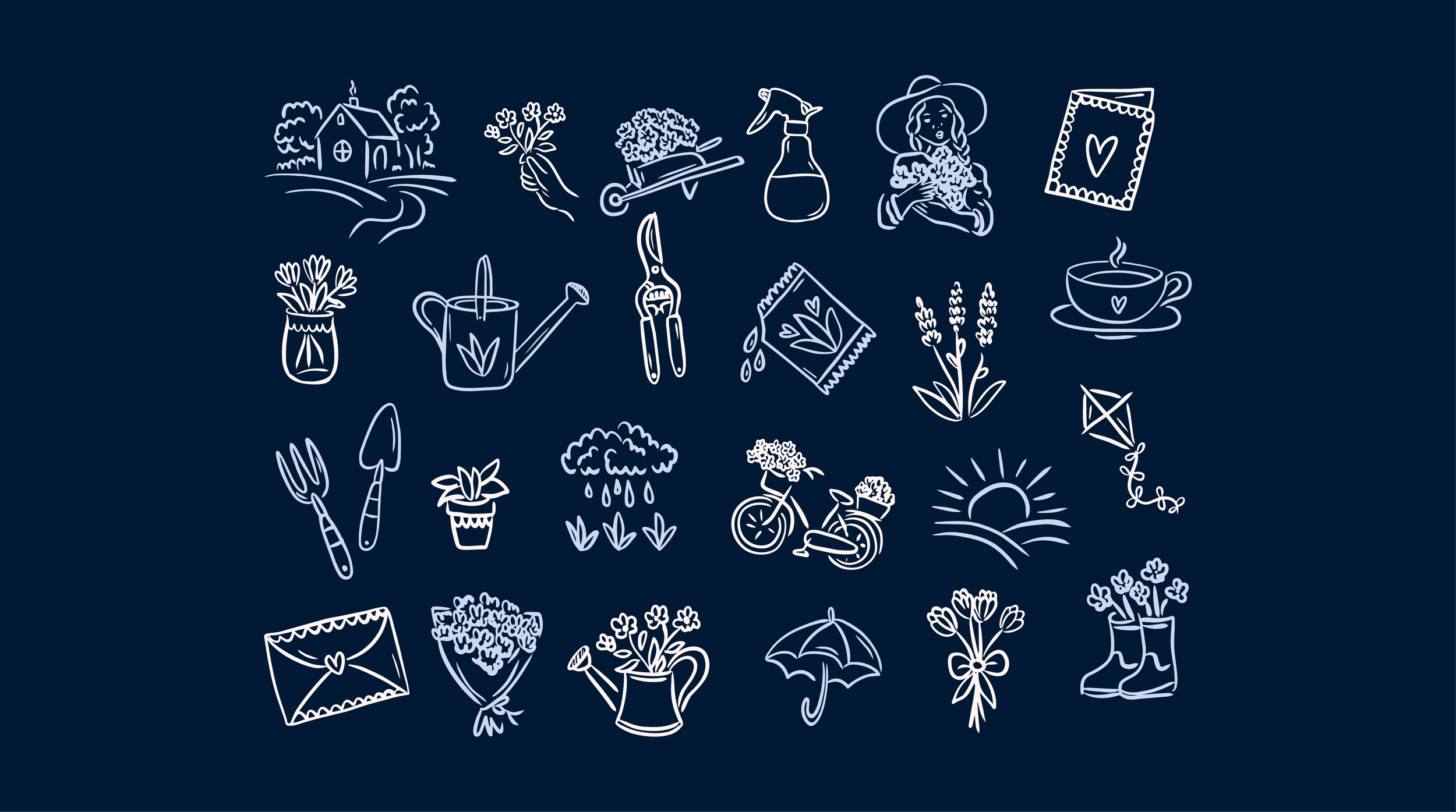 Les icônes et illustrations de l'image de marque stratégique de Fleur Bleue, fleuriste à Chevreuse