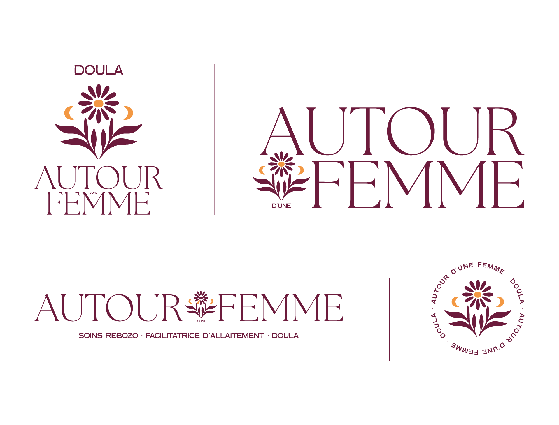 Déclinaisons et logotypes alternatifs de l'image de marque d'Autour d'une Femme, doula dans le 95 et en Île de France.