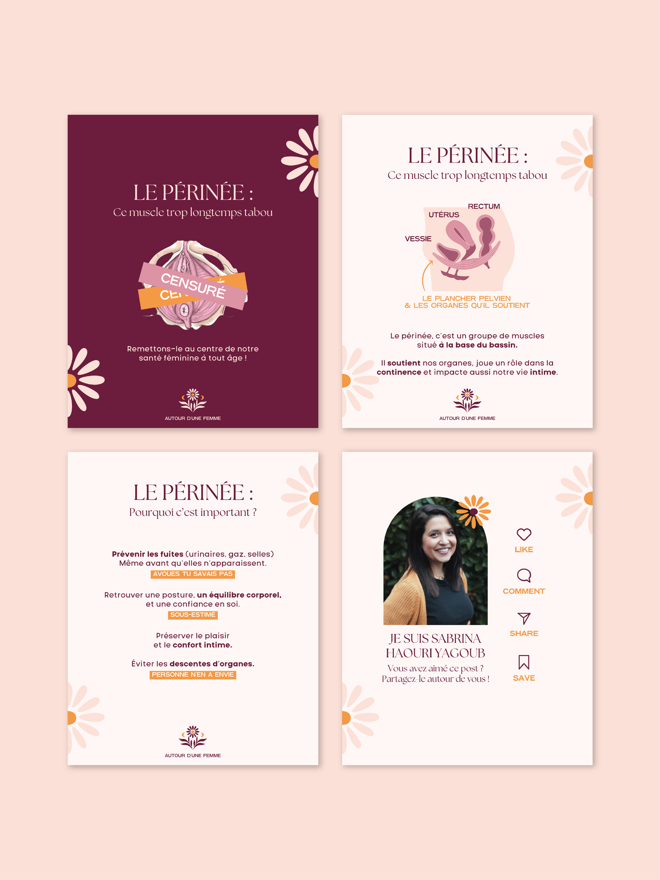 Modèle sur-mesure et 100% personnalisé de posts Instagram pour les réseaux sociaux aux couleurs de l'image de marque d'Autour d'une Femme, doula dans le 95 et en Île de France.