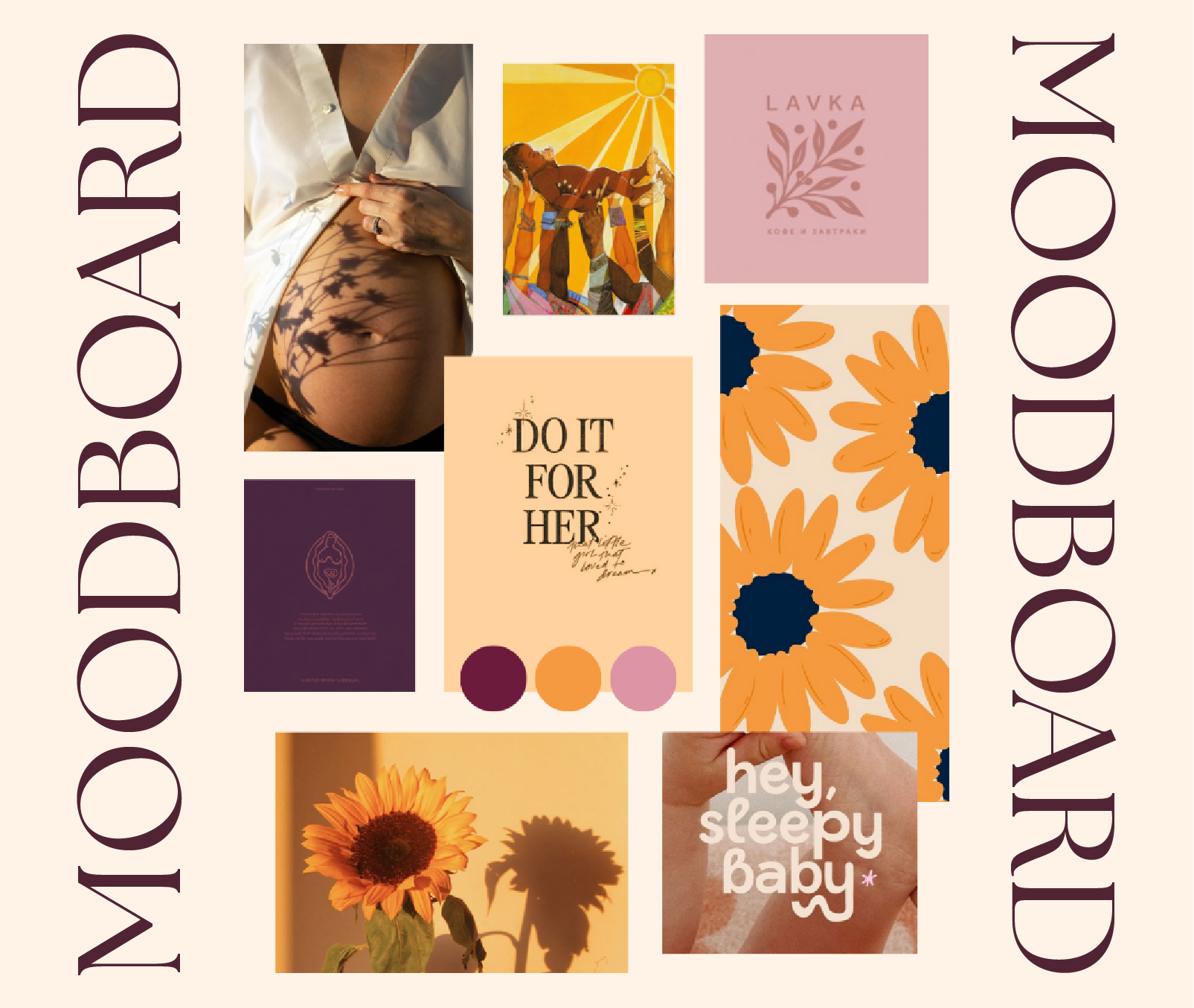 Moodboard réalisé pour l'image de marque d'Autour d'une Femme, doula dans le 95 et en Île de France.