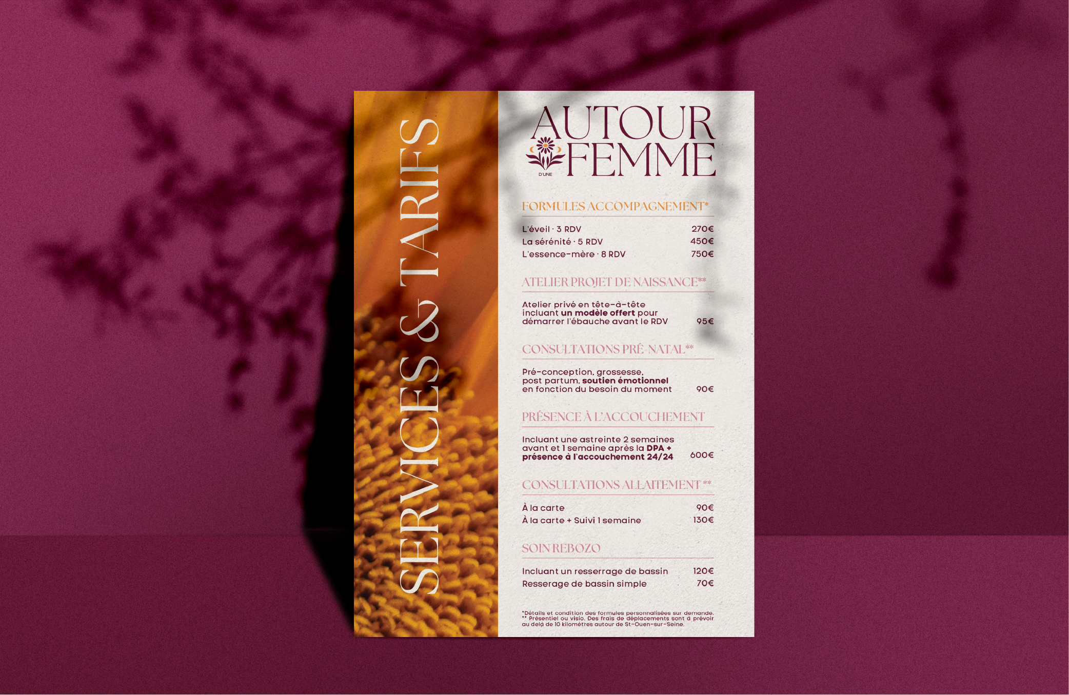 Plaquette tarifs et service aux couleurs de l'image de marque d'Autour d'une Femme, doula dans le 95 et en Île de France.