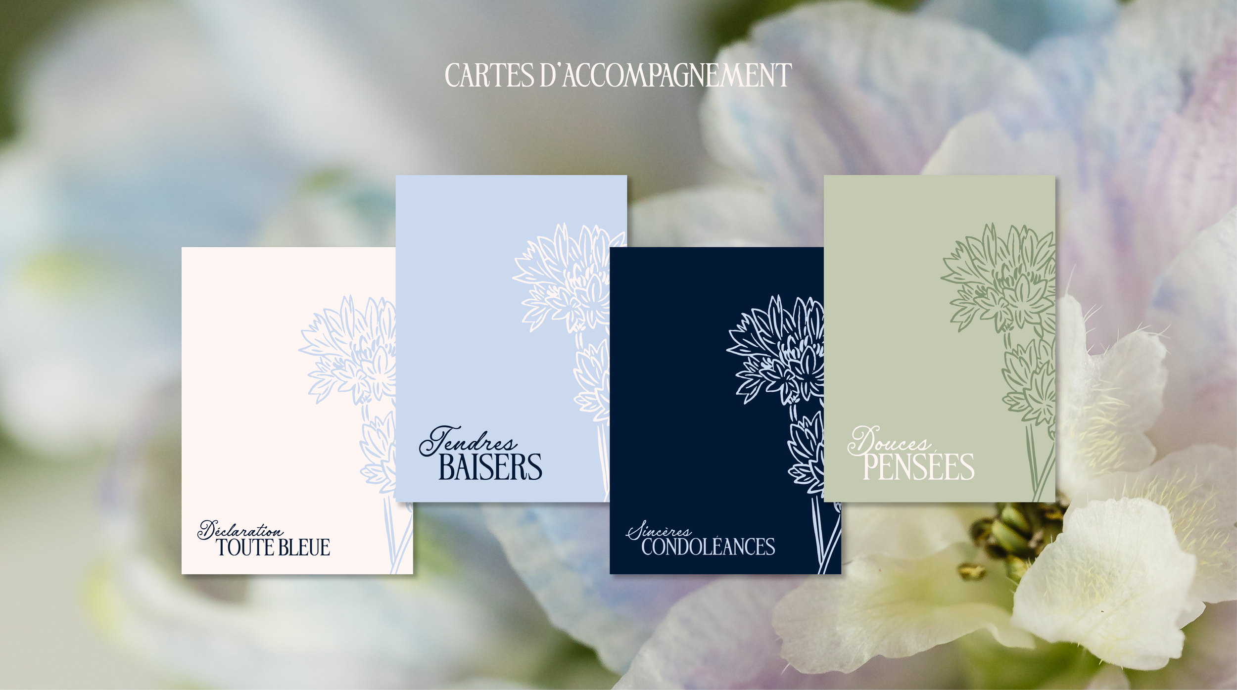 Les cartes d'accompagnement des bouquets pour l'image de marque stratégique de Fleur Bleue, fleuriste à Chevreuse
