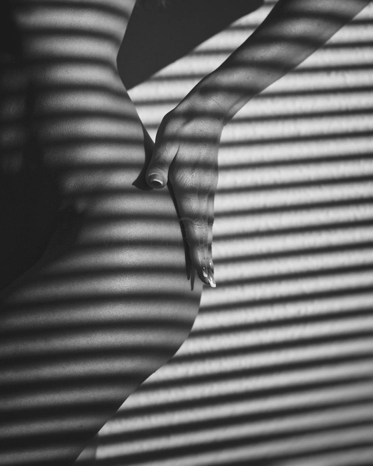 Schwarz-weiß-Fotografie einer menschlichen Hand, die einen weiblichen Oberkörper berührt, mit Licht- und Schattenstreifen, die durch Jalousien entstehen.