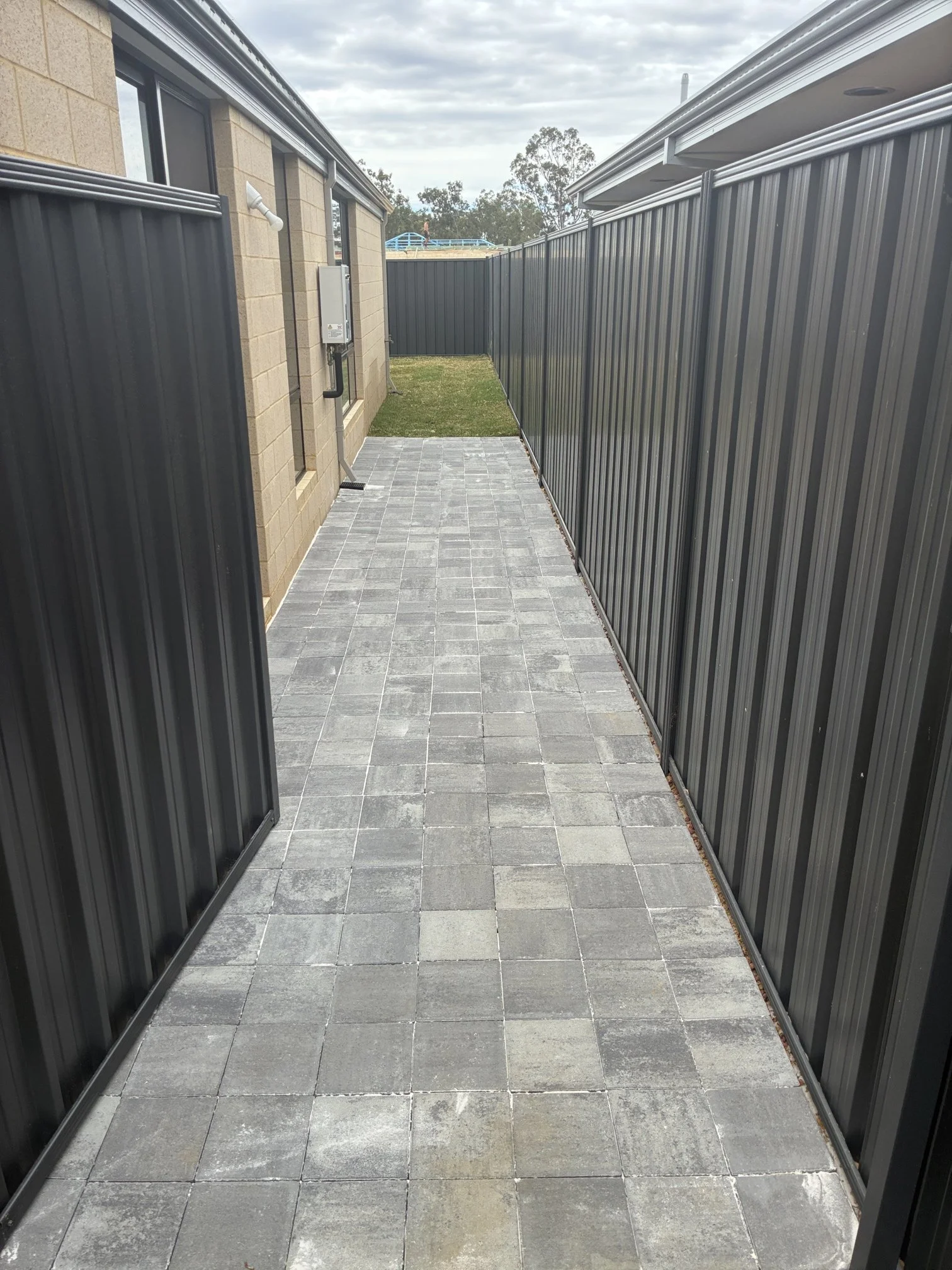 Empty paved walkway between a beige brick building with windows and a black metal fence, with a small patch of grass and trees in the background.
