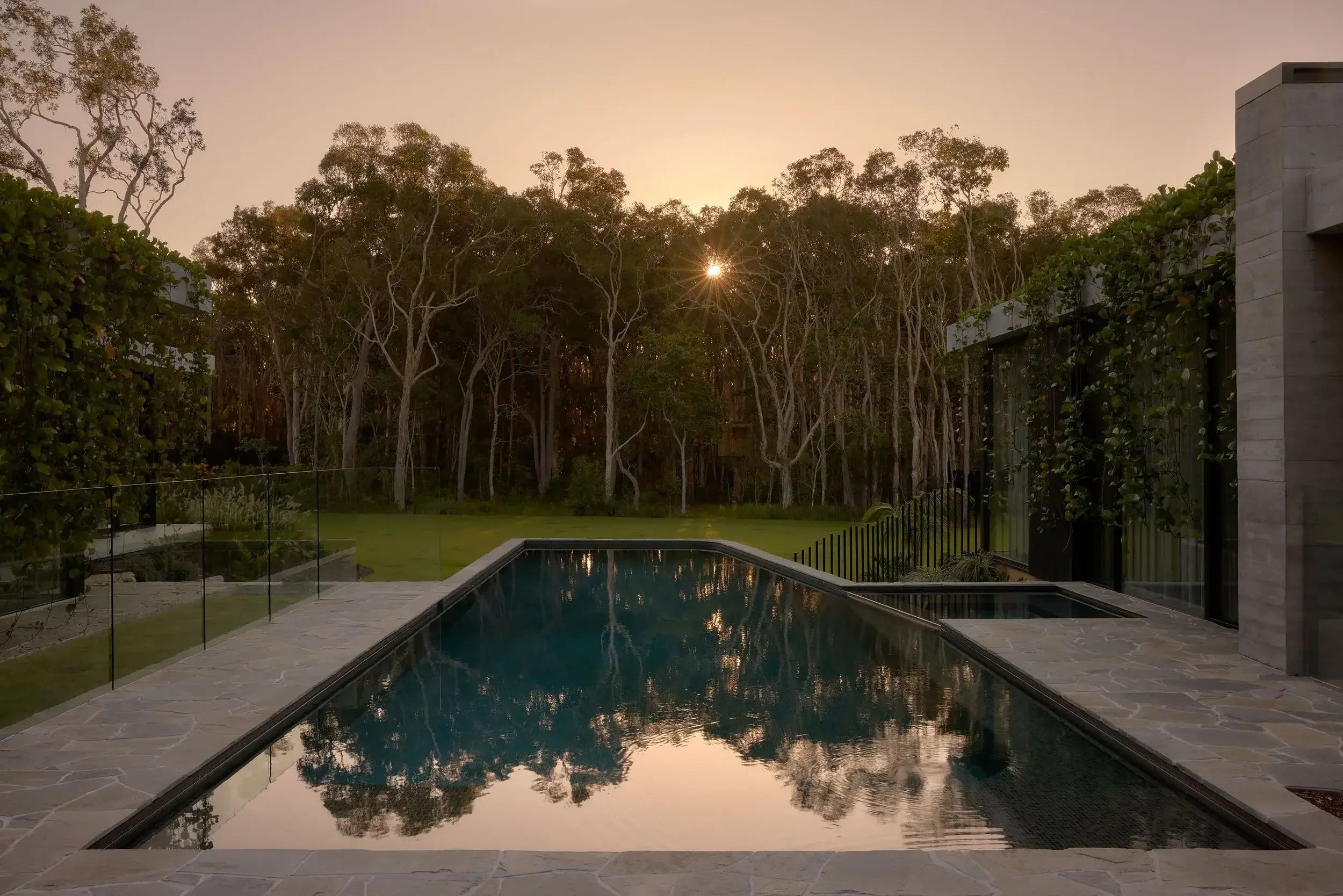 sunset, spa, Pool area with roof garden and indoor-outdoor connection, Sunshine Coast residential architect