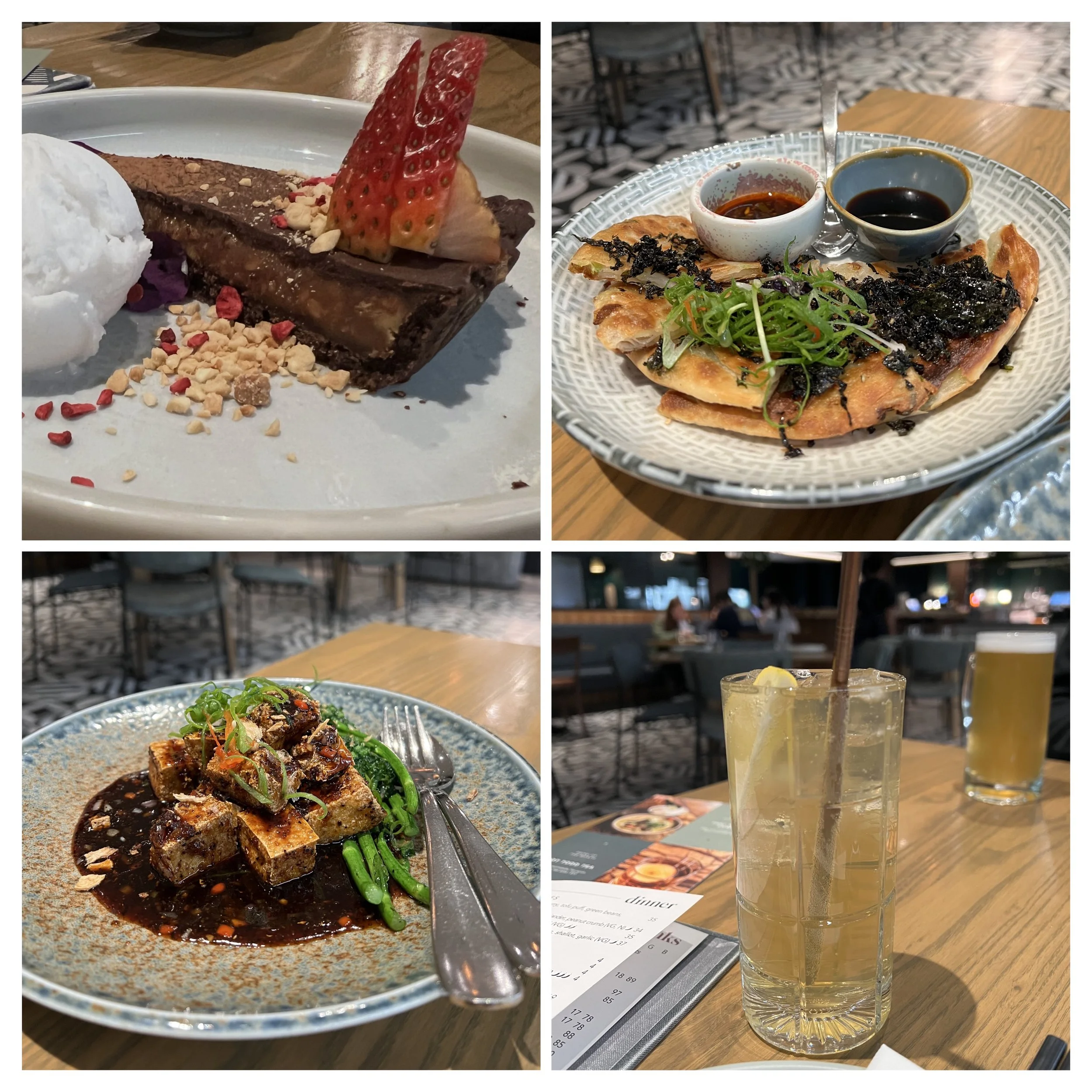 A collage of four items from the restaurant: Chocolate tart with coconut ice cream, kombucha, Black pepper tofu, and spring onion pancakes