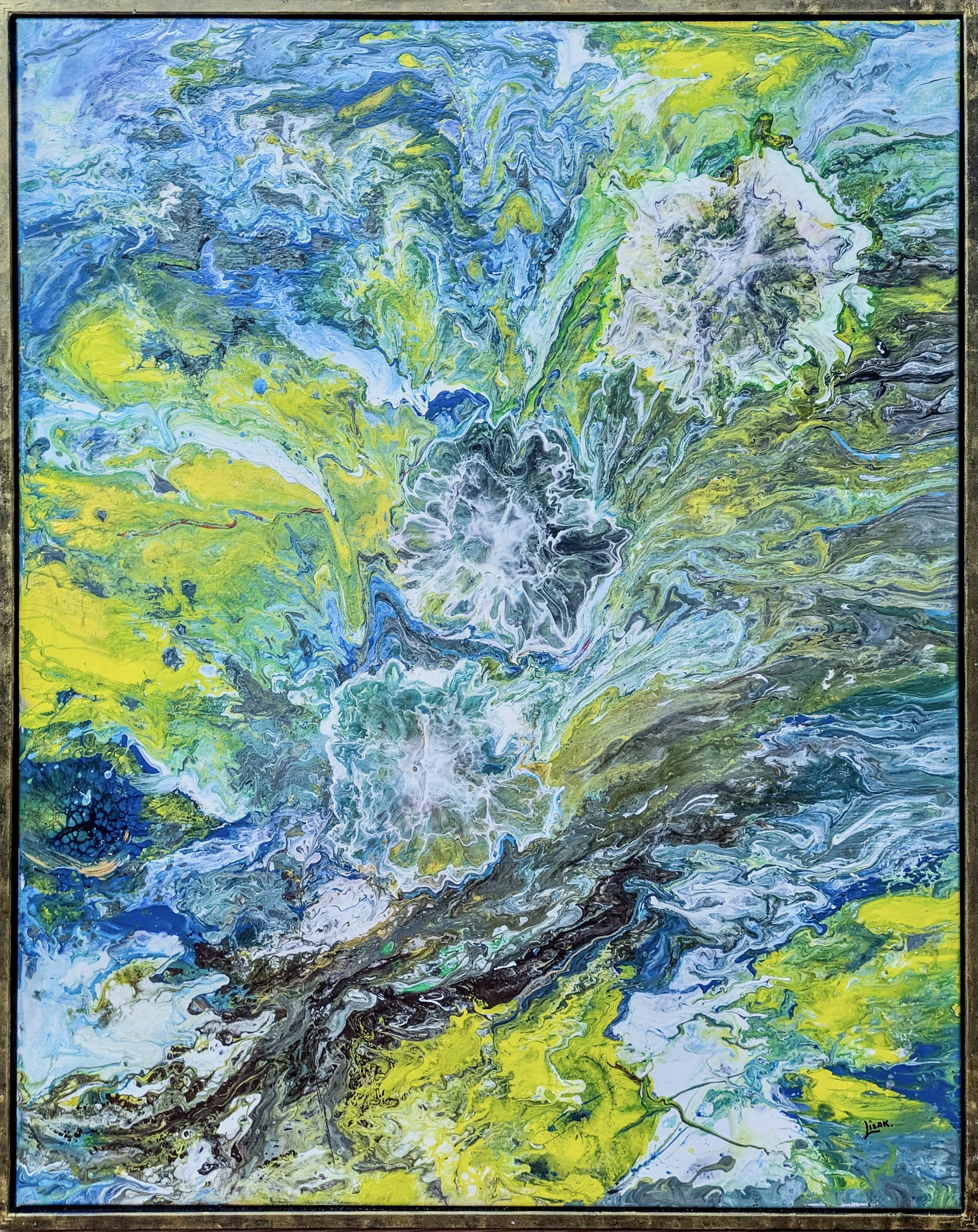This is a painting showing beautiful wild water. It has a mix of vibrant light and dark blue colours, green and white. The painting is framed.