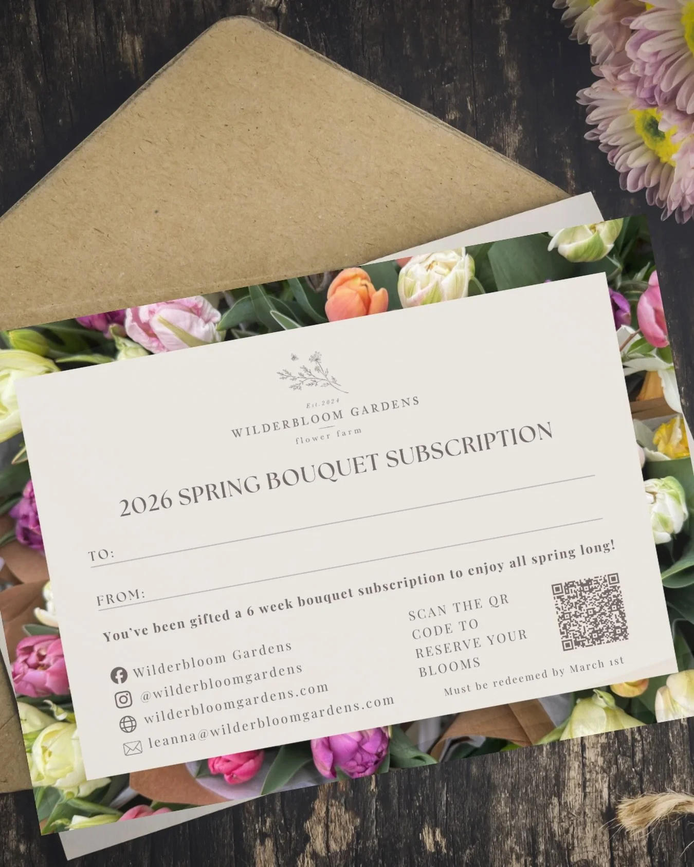 Still looking for a meaningful holiday gift? 🌸

I have gift cards available for my Spring Bouquet Subscription &mdash; six weeks of deluxe, locally grown flowers, giving joy all spring long.

✨ Mailed gift cards printed on lux card stock + sent in a