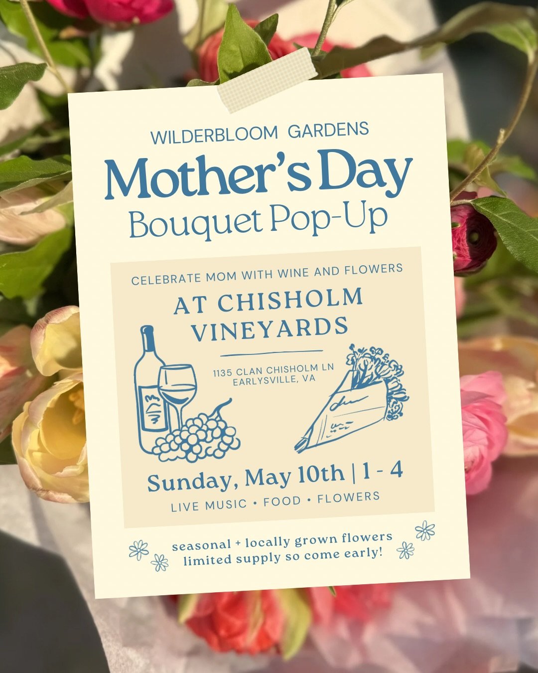 Charlottesville moms - I&rsquo;m so excited to be hosting a bouquet pop-up this Mother&rsquo;s Day at Chisholm Vineyards! 

Come see me Sunday, May 10th from 1-4 and get your hands on some of the most gorgeous specialty bouquets in the area!

Think: 