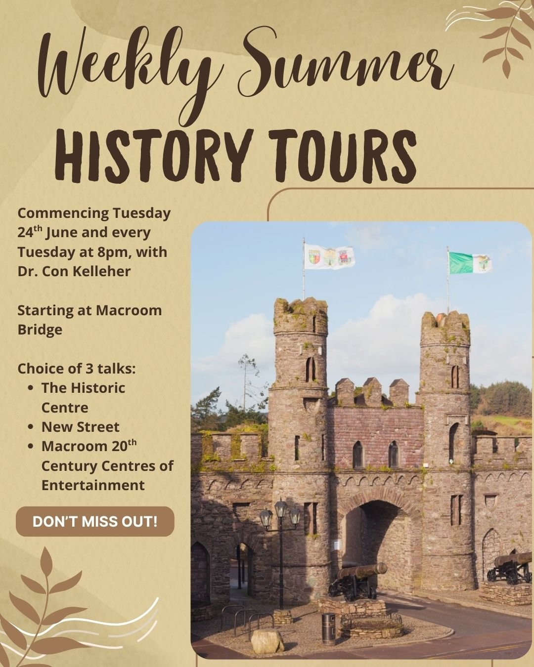 Don't miss out on Dr. Con Kelleher's weekly summer history tours, commencing Tuesday 24th June and every Tuesday.
⏰ 8pm
📍 Macroom Bridge

There will be a choice of 3 talks:
&gt; The Historic Centre
&gt; New Street
&gt; Macroom 20th Century Centres o
