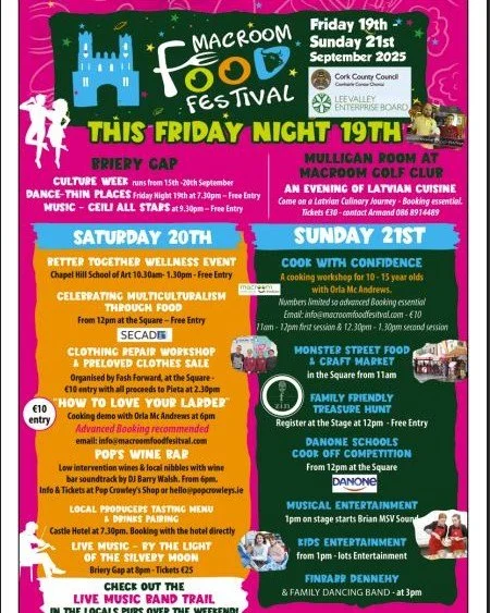 🌟 3 DAY FOOD FESTIVAL - STARTING TOMORROW!! 🌟
There is so much happening in Macroom this week, don't miss out! This weekend is bursting with entertainment for all ages! 
FRI 19TH
➡️ Mulligan Room - An evening of Latvian Cuisine 😋
➡️ 7.30pm - Thin 