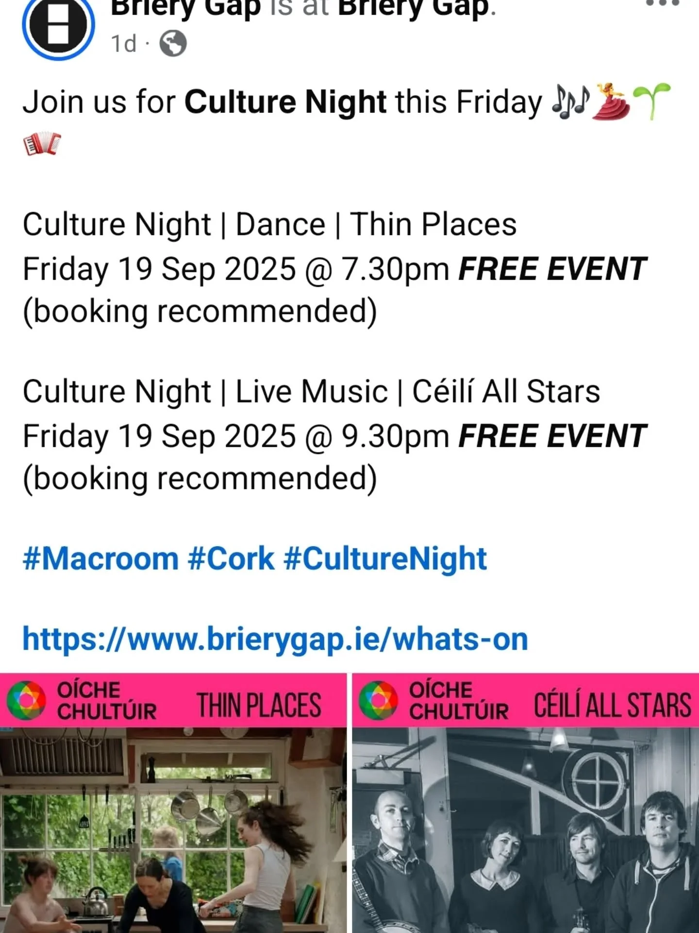 🌟 MACROOM FOOD FESTIVAL - STARTS TONIGHT!! 🌟

FRI 19TH
➡️ From 6pm - Mulligan Room at Macroom Golf Club - An evening of Latvian Cuisine 😋
➡️ 7.30pm - Thin Places (Dance) at The Briery Gap - Free entry 🕺 💃 
➡️ 9.30pm - Ceili All Stars (Music) at 