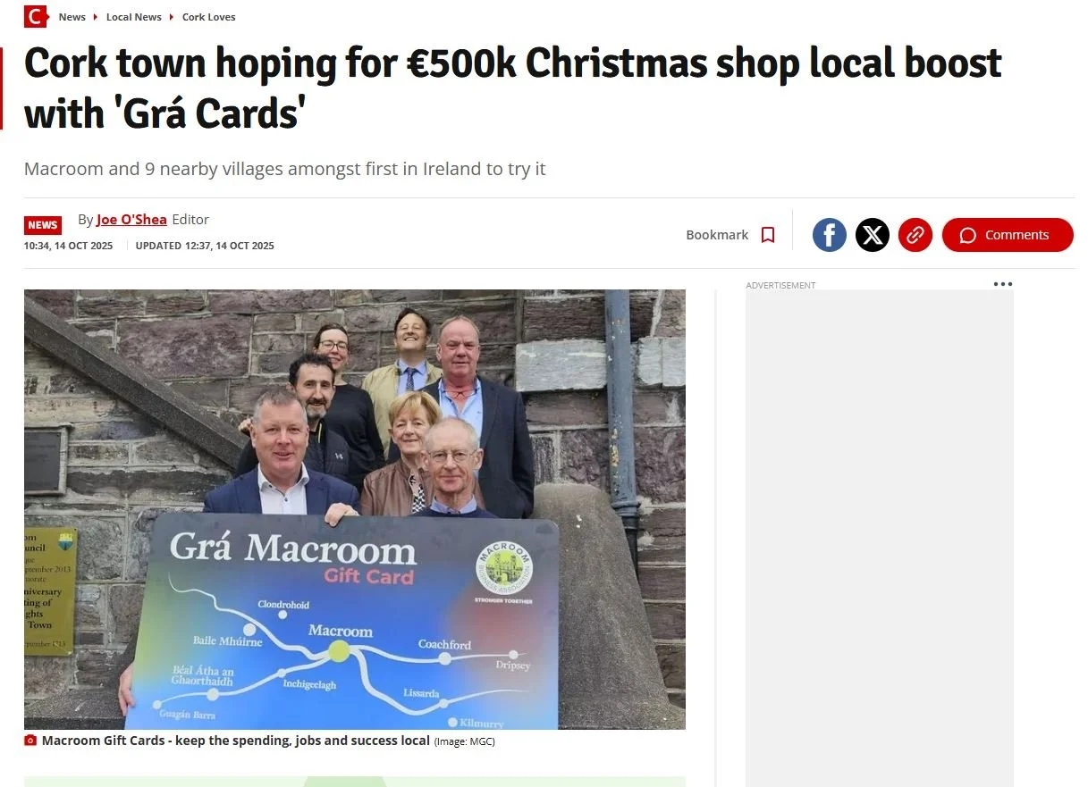 🌟 GREAT NEWS!!! 🌟

&quot;Gr&aacute; Macroom&quot; gift cards launching soon! 🛍

These gift cards are commission-free, designed to keep the cash circulating locally, keeping businesses alive, people in work and the high street busy. 🙂

&ldquo;Macr