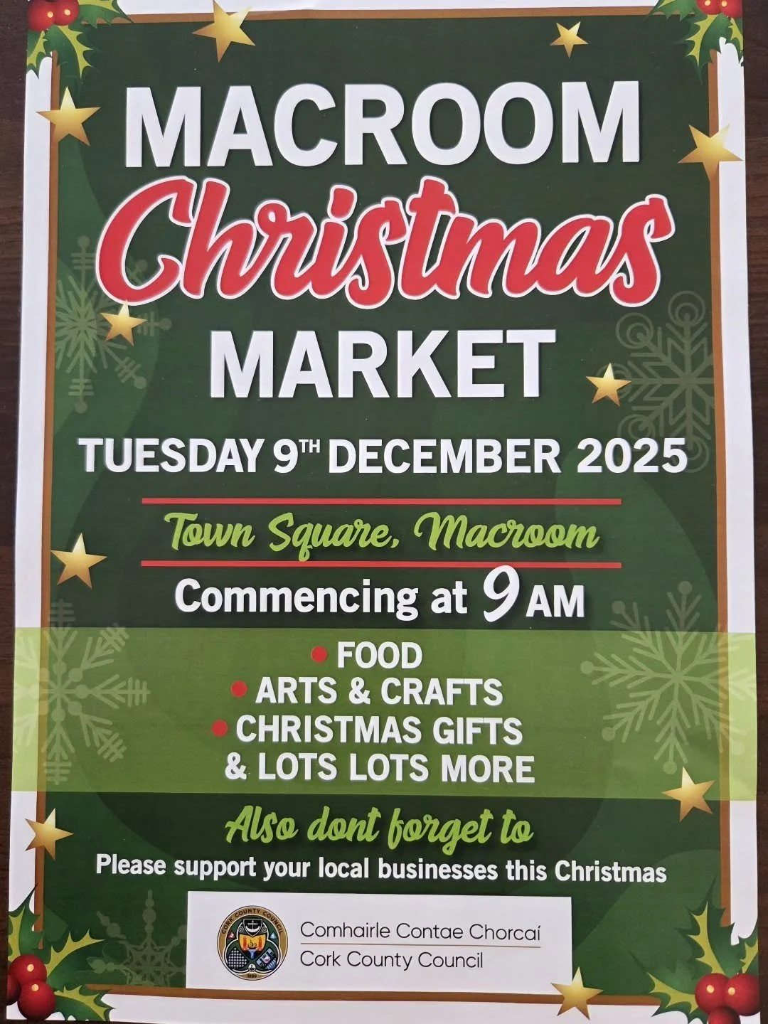 ⚡Next Tuesday, 9th December - Shop Local at Macroom Christmas Markets! ⚡🎄

📍 Town Square, Macroom
⏰ From 9am

There will be food, art and crafts, gifts and so much more! 🎁
Our local students will also be showcasing their mini companies. - Please s