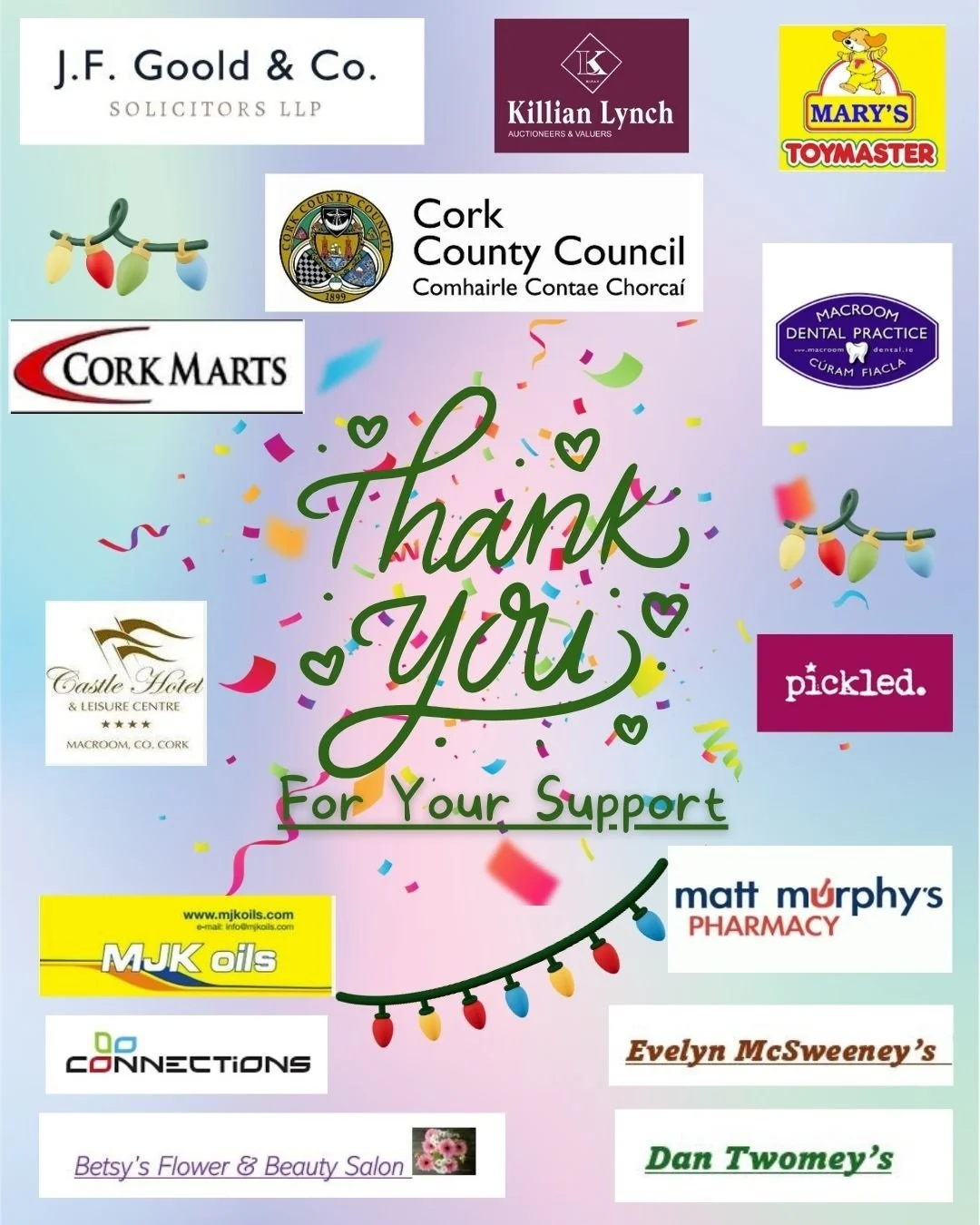 On behalf of the Lee Valley Enterprise Board and Macroom Business Association, we wish to thank our wonderful sponsors and supporters who made the 2025 Macroom Town Christmas Lights display possible and made this festive season memorable. ❤️
Thank yo