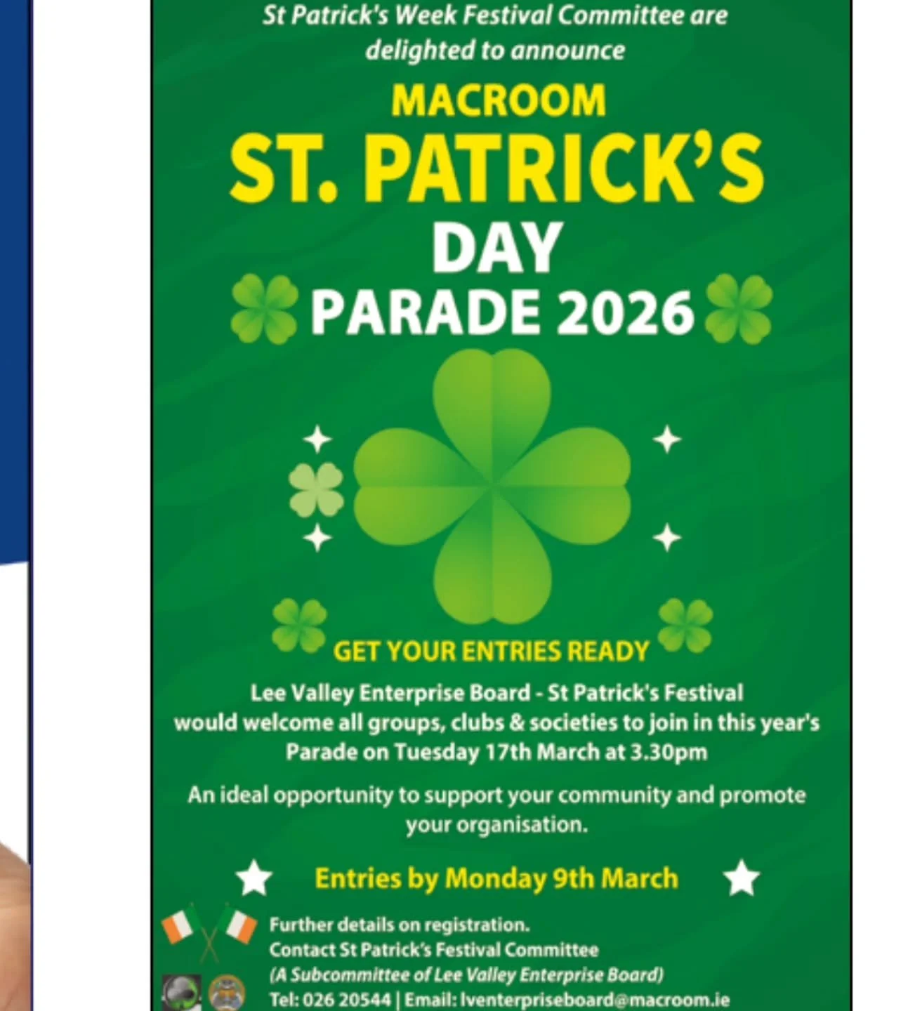 ☘️🇮🇪💚 ENTER YOUR FLOAT! 💚🇮🇪☘️

Its registration time to enter your businesses, clubs, societies, and groups to partake in this year&rsquo;s Parade, which will take place on Tuesday 17th March 2026. 😁

This popular parade will once again be a f