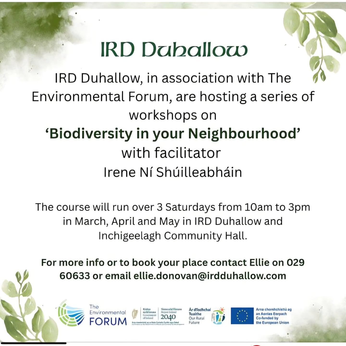 IRD Duhallow in association with The Environmental Forum are hosting a series of workshops on ' Biodiversity in your Neighbourhood' with facilitator Irene Neighbourhood Sh&ugrave;illeabh&agrave;in.

📅 Every Saturdays from March to May
🕐 10am to 3pm
