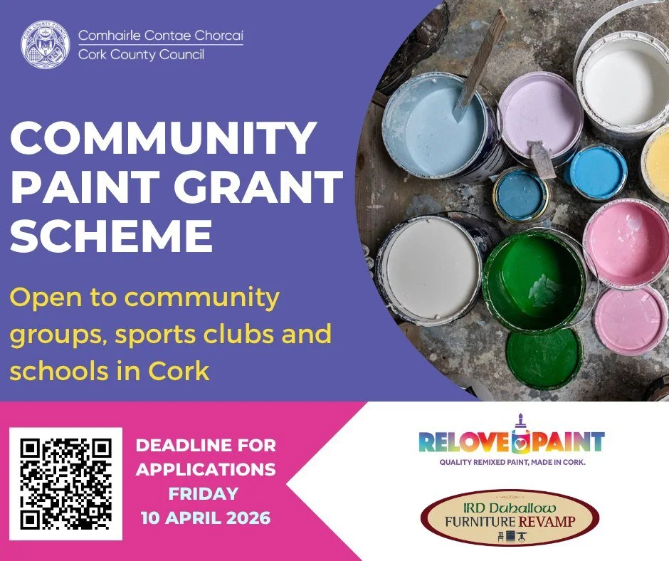 🎨🌟 Cork Community Paint Grant Scheme 2026 Launched 🌟🎨
 
❗Up to 25 litres of high quality recycled paint available to local groups at no cost ❗
 
Cork County Council and Cork City Council have opened applications for the 2026 Relove Paint Communit