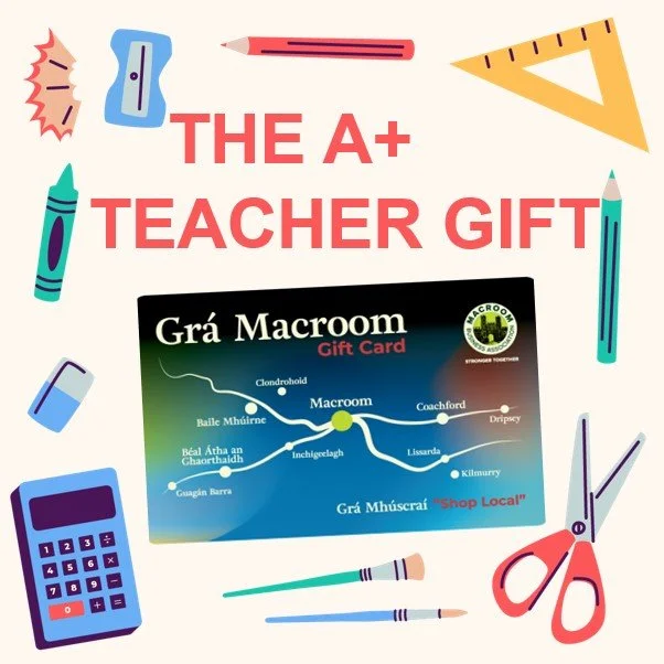 🎁 Thank your teacher with a  Gr&agrave; Macroom Gift Card 🎁

They could use this for a lunch, take away coffee, a spot of retail shopping or even to purchase summer flower 🛍🌹
A Gr&agrave; Macroom gift card is the perfect gift to thank your teache