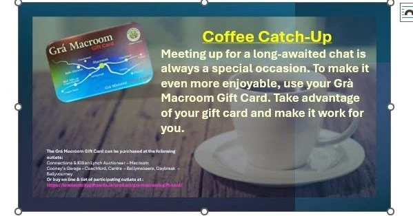 ☕ Use your Gr&agrave; Macroom Gift Card for your coffee catch ups! ☕

Gr&aacute; Macroom Gift Card is the perfect present to gift in the Lee Valley region! 🎁
Over 100 shops accept this very popular gift card and you can even use it for your coffee c