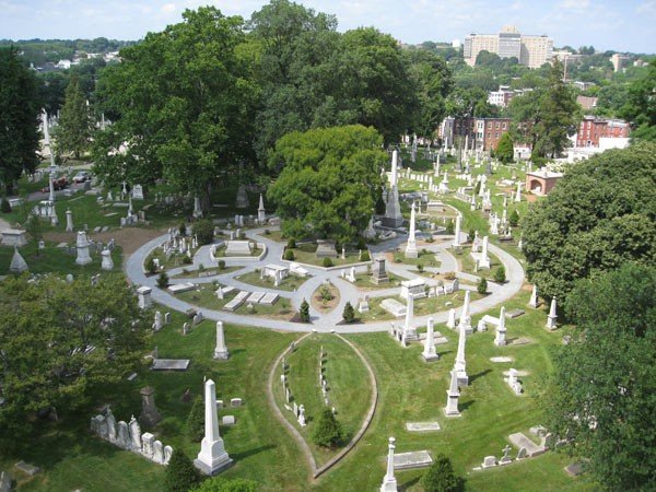 Bird's-eye view of a portion of Laurel Hill cemetery. Grave stones, pathways and trees create almost a mandala in the landscape.