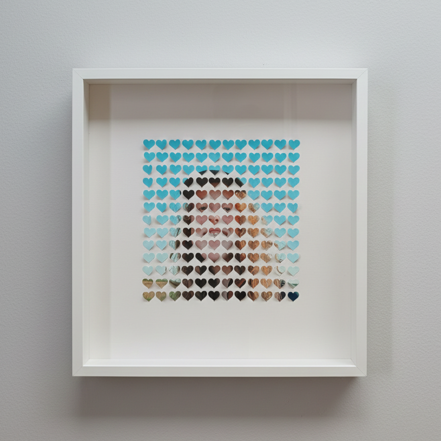 Artwork of a female made from small heart-shaped pieces in a white shadow box frame.