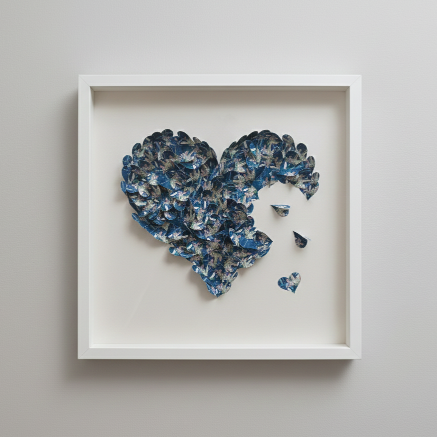 Decorative art piece featuring a broken heart, made of patterned heart-shaped elements, mounted in a white frame on a neutral wall.