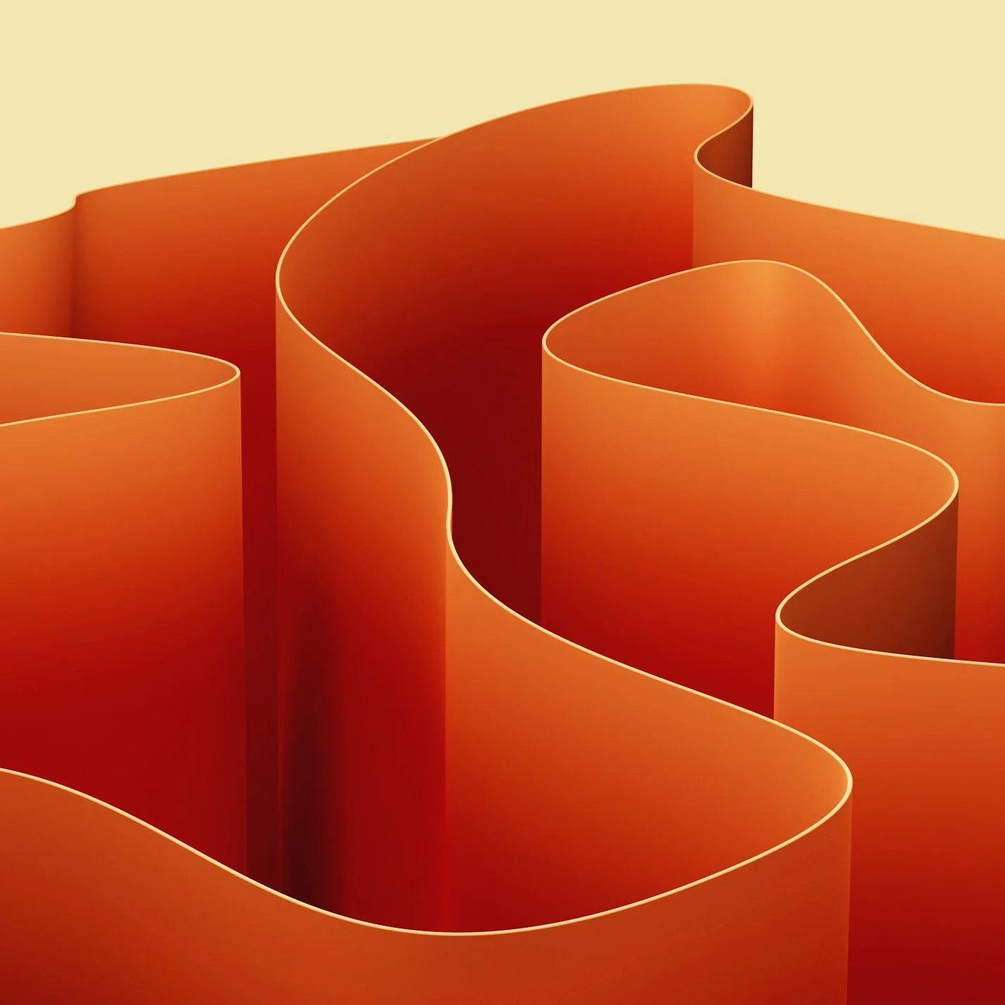 Close-up of curled orange and reddish ribbon-like shapes forming looped, abstract design.