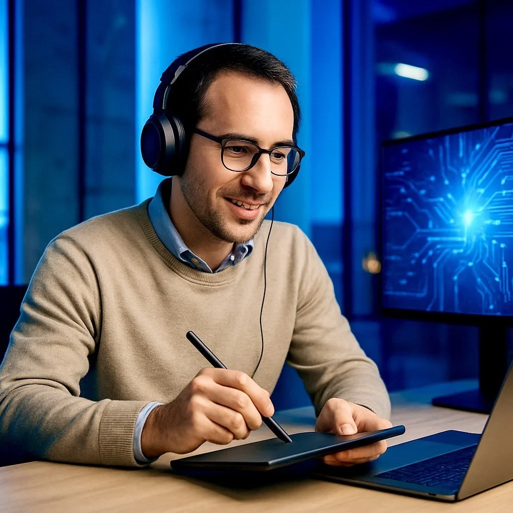 A maths tutor wearing glasses and headphones working on a tablet at a desk with a laptop, in a high-tech office environment.