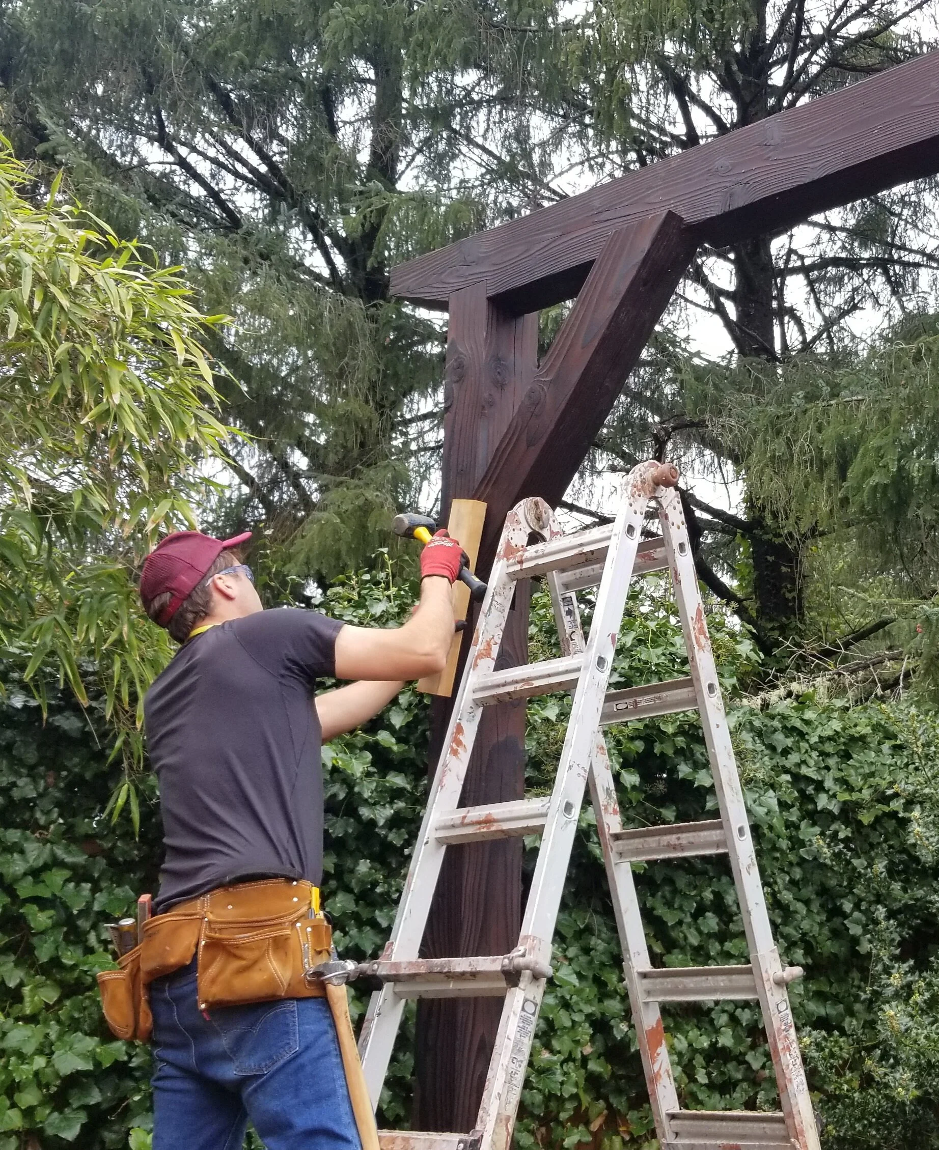 A person working on installing framework for a  Shou Sugi Ban sauna and spa structure amidst greenery. The person is standing on a stepladder and holding a cordless drill, wearing a tool belt and protective gloves.