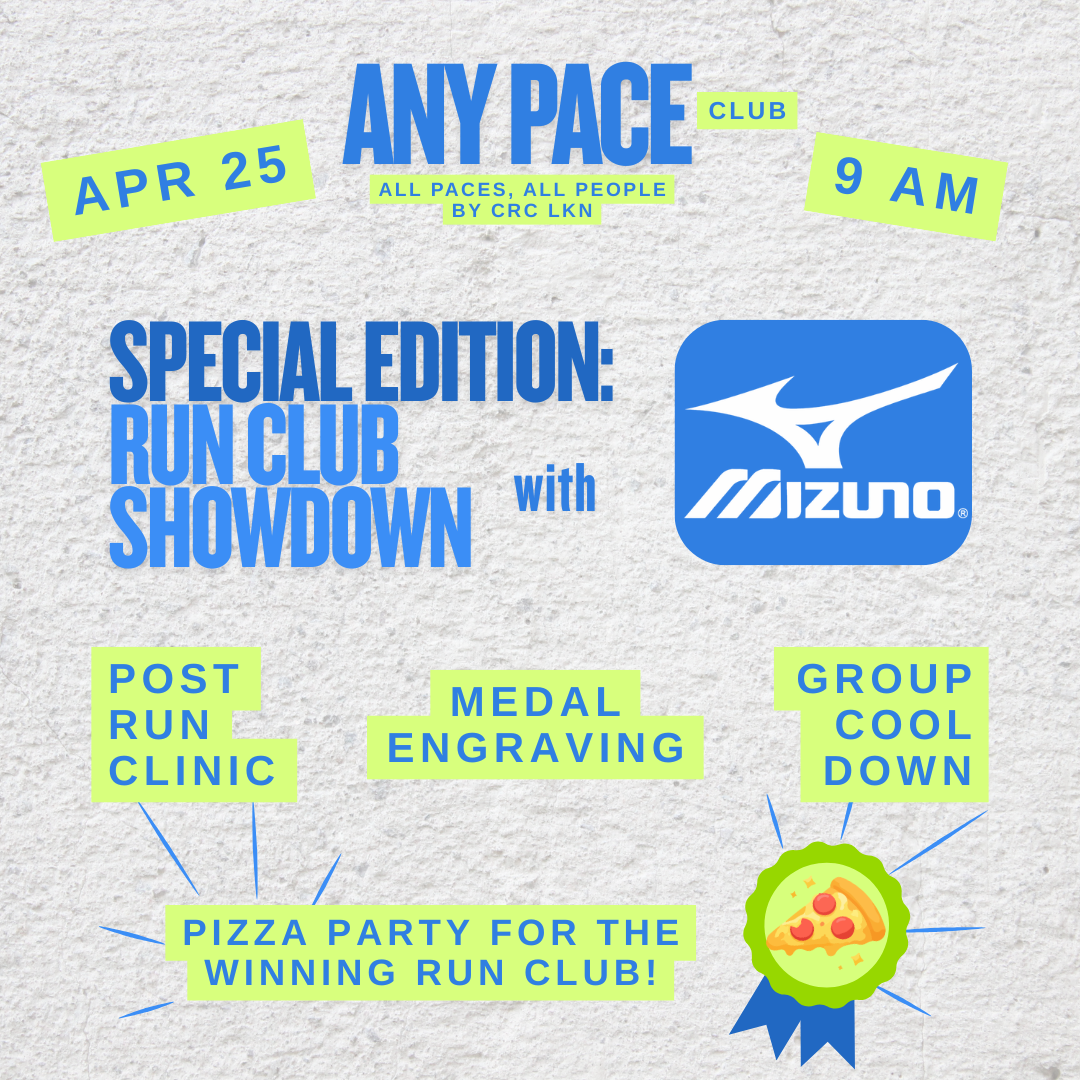 Any Pace Run Club with Mizuno featuring medal engraving and a post run clinic