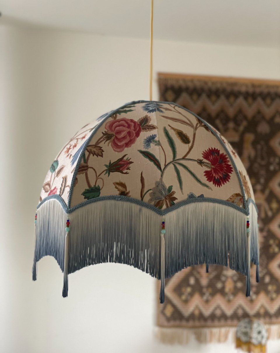 Sanderson vintage linen, 22" umbrella dome, dip dyed fringe (double)