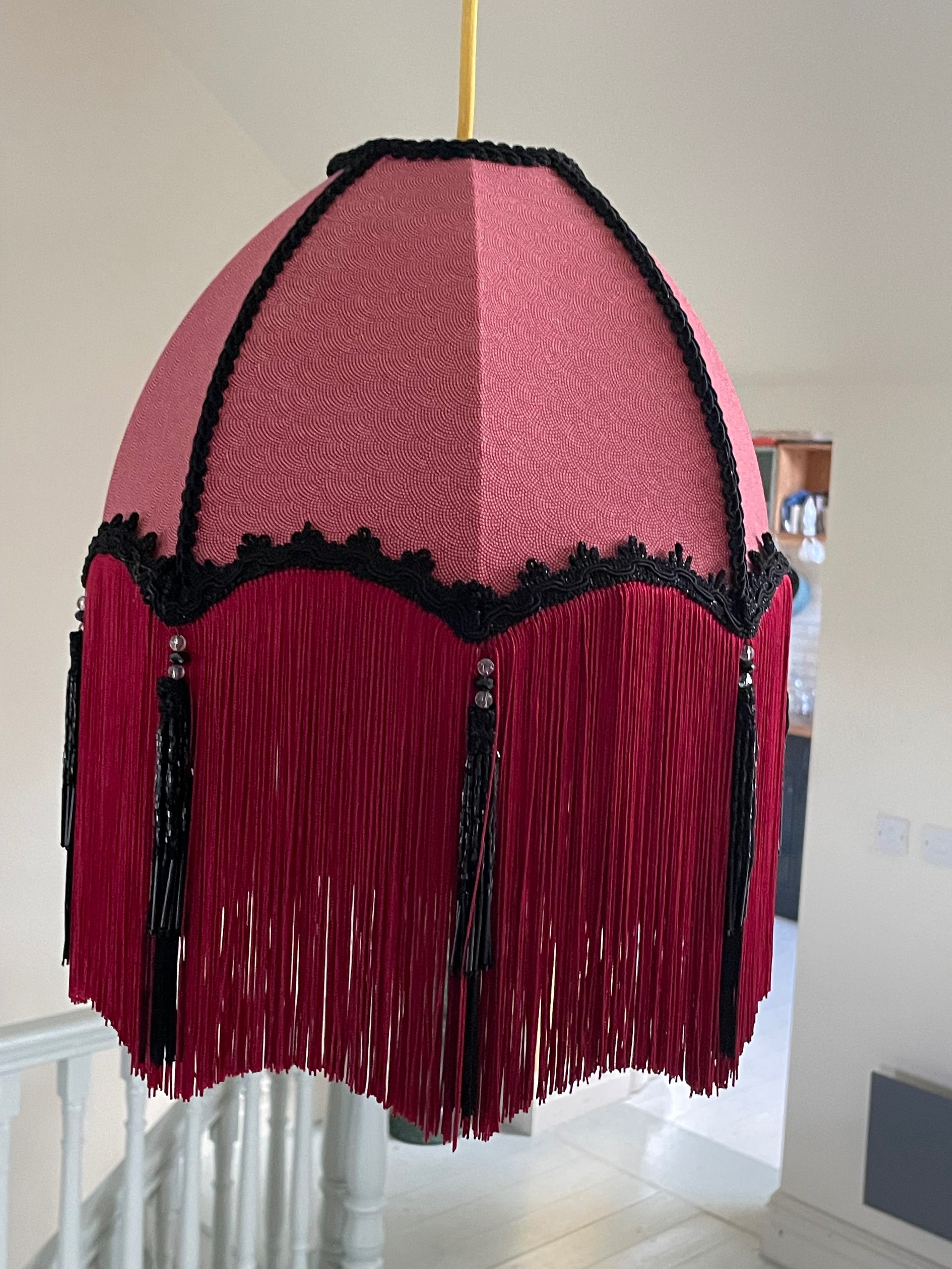 Red vintage silk kimono fabric 12" umbrella frame. pleated silk saree lining.