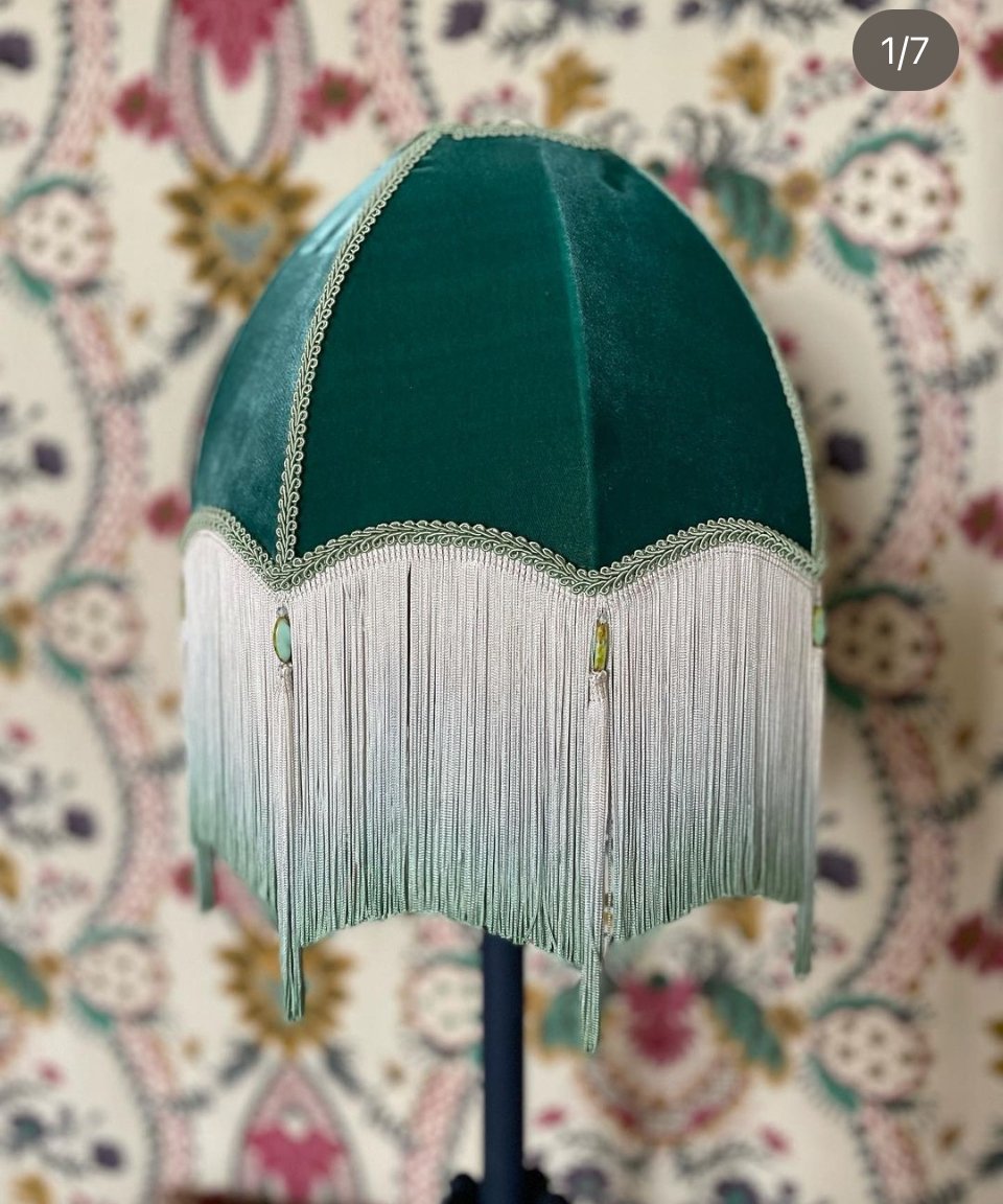 12" green velvet umbrella frame, dip dyed fringe, blue block print flower print lining