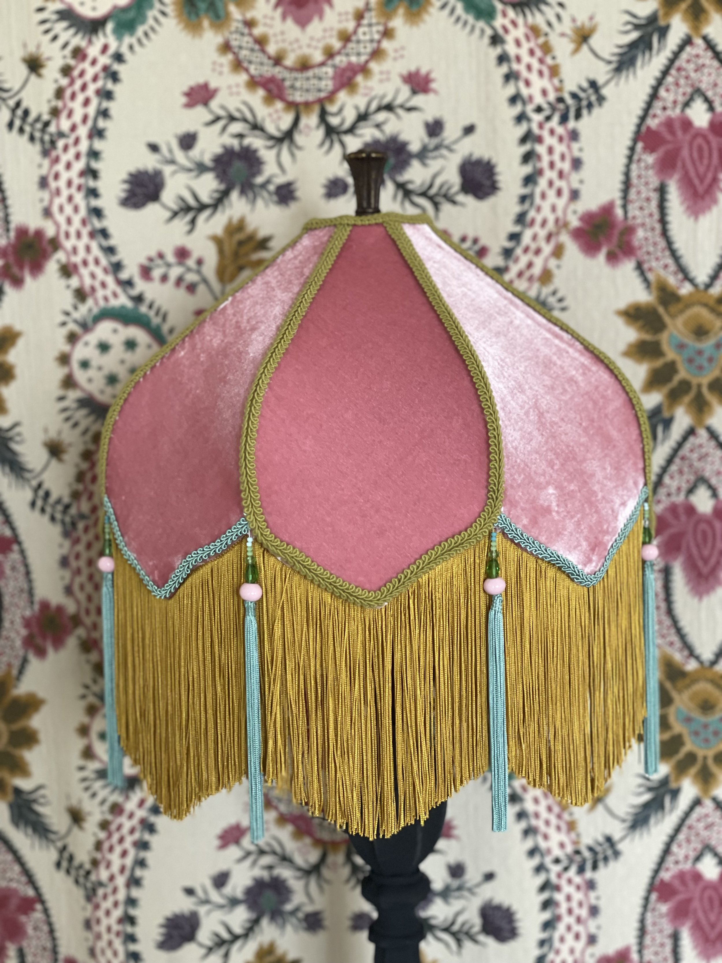 Lotus medium frame, pink silk velvet, polkadot cotton lining, 15cm double mustard fringe