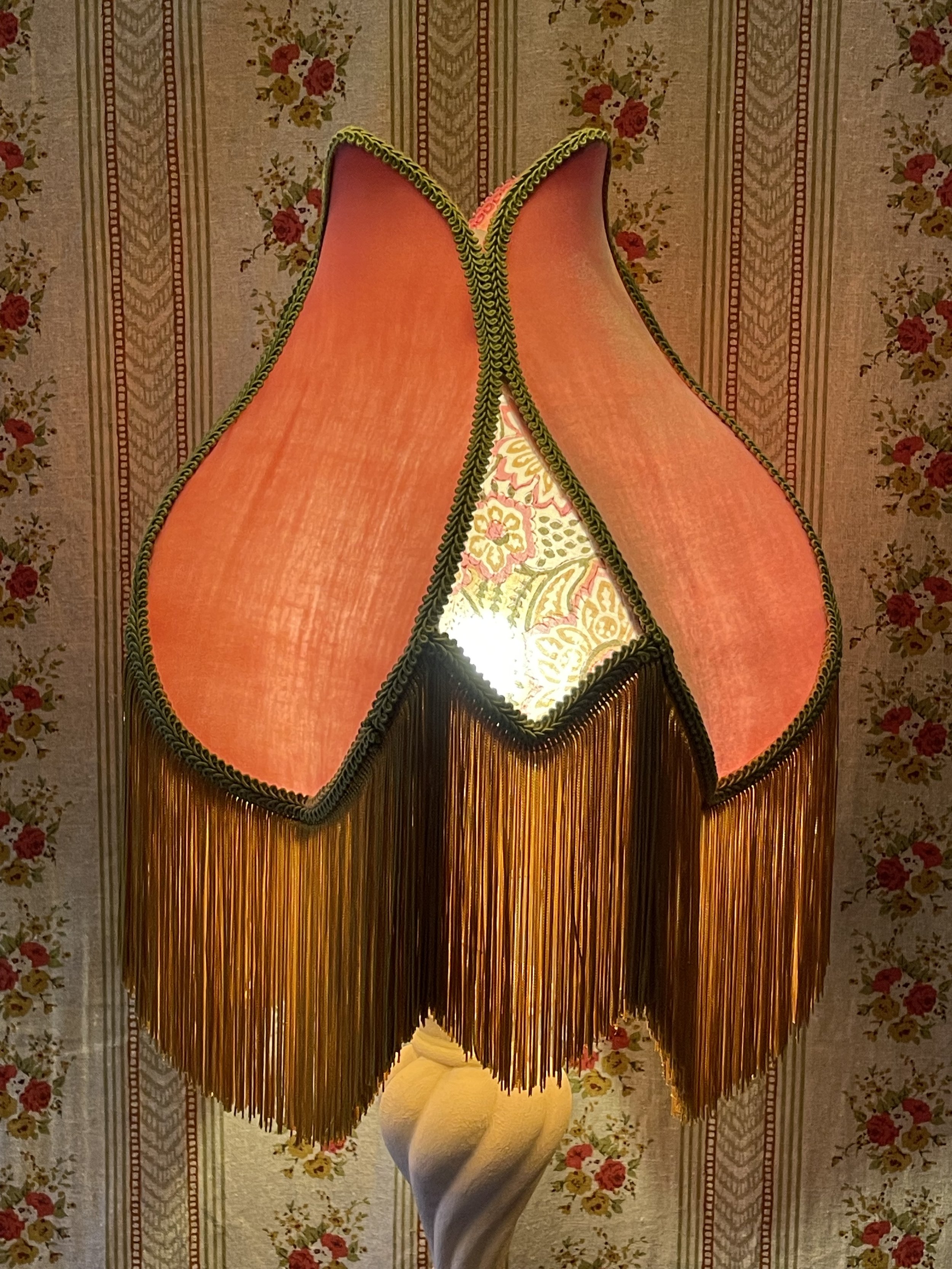 Tulip in pink silk velvet and block print mustard fringe.
