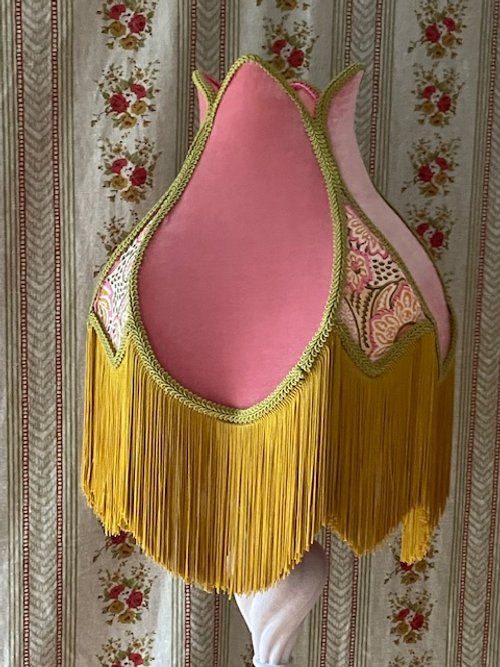 Tulip frame in pink silk velvet and block print cotton, with mustard fringe 15cm doubled