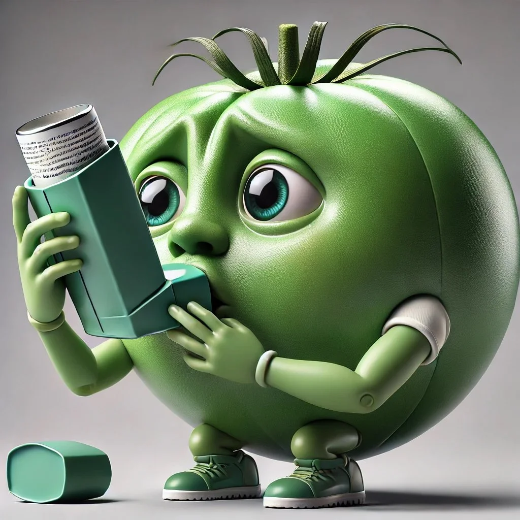 DALL·E 2024-09-08 22.13.33 - A hyper-realistic image of an anthropomorphic green tomato that looks like an adolescent, trying to use an inhaler. The tomato has youthful features, .jpeg