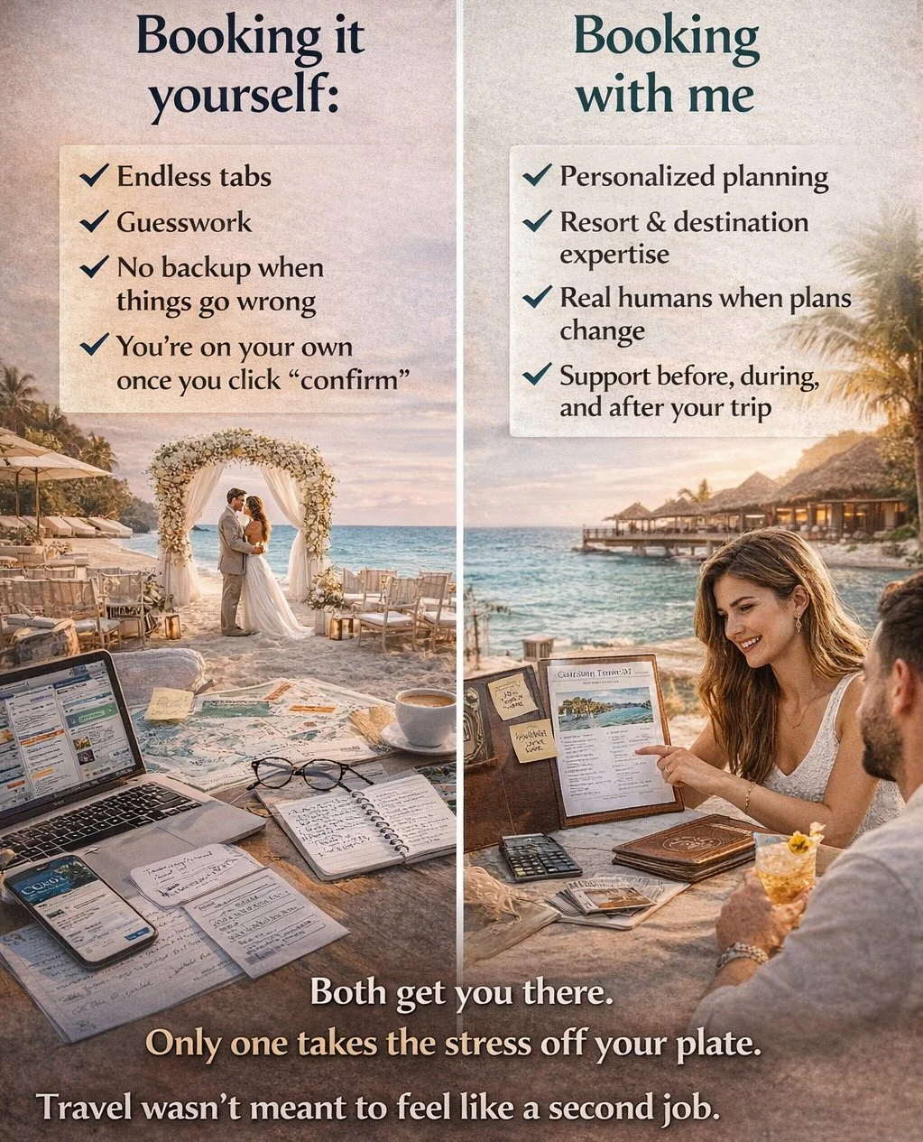 Booking it yourself:⁠
&bull; Endless tabs⁠
&bull; Guesswork⁠
&bull; No backup when things go wrong⁠
&bull; You&rsquo;re on your own once you click &ldquo;confirm&rdquo;⁠
⁠
Booking with me:⁠
&bull; Personalized planning⁠
&bull; Resort &amp; destinatio