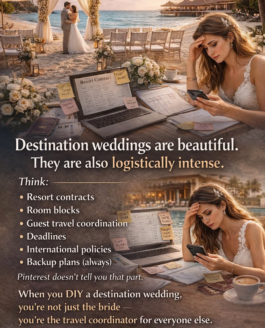 Destination weddings are beautiful.⁠
They are also logistically intense.⁠
⁠
Think:⁠
&bull; Resort contracts⁠
&bull; Room blocks⁠
&bull; Guest travel coordination⁠
&bull; Deadlines⁠
&bull; International policies⁠
&bull; Backup plans (always)⁠
⁠
Pinter