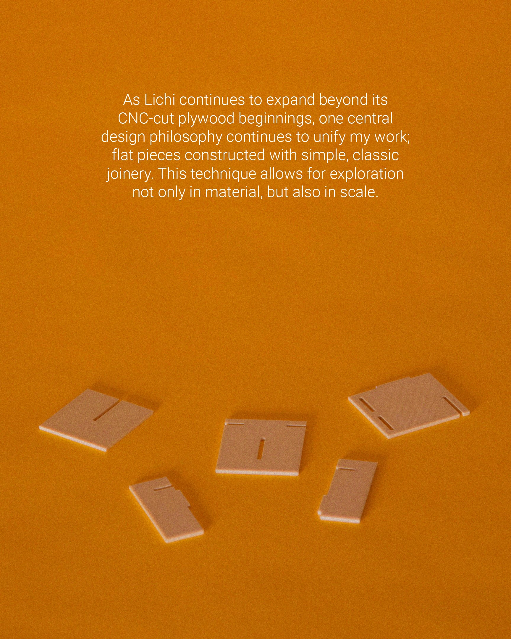 Image showing several flat, beige plywood pieces with cutouts and a printed paragraph discussing expansion of plywood designs and construction techniques.