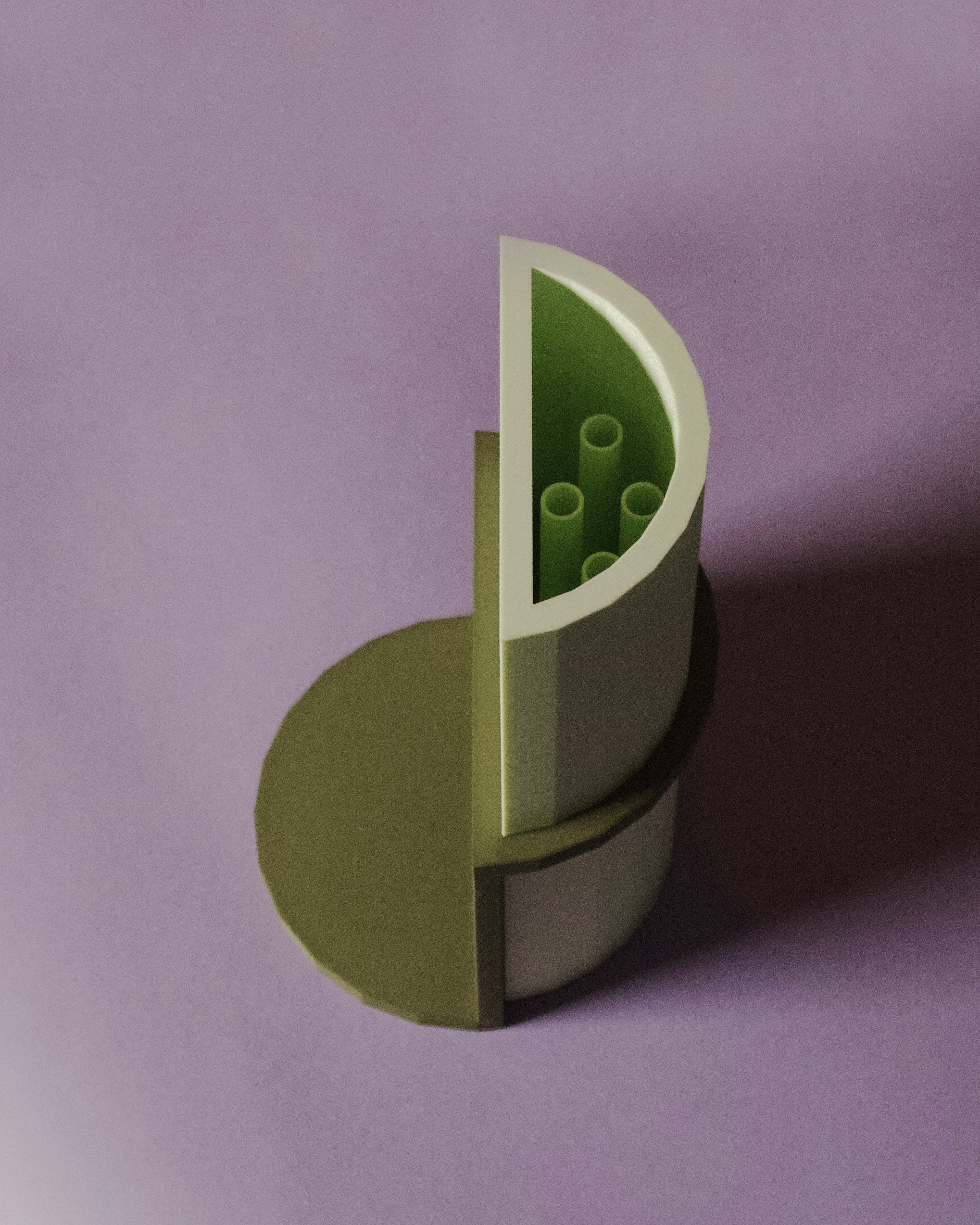A cross-sectional view of a green and white container holding several green straw-like objects, placed on a purple background.