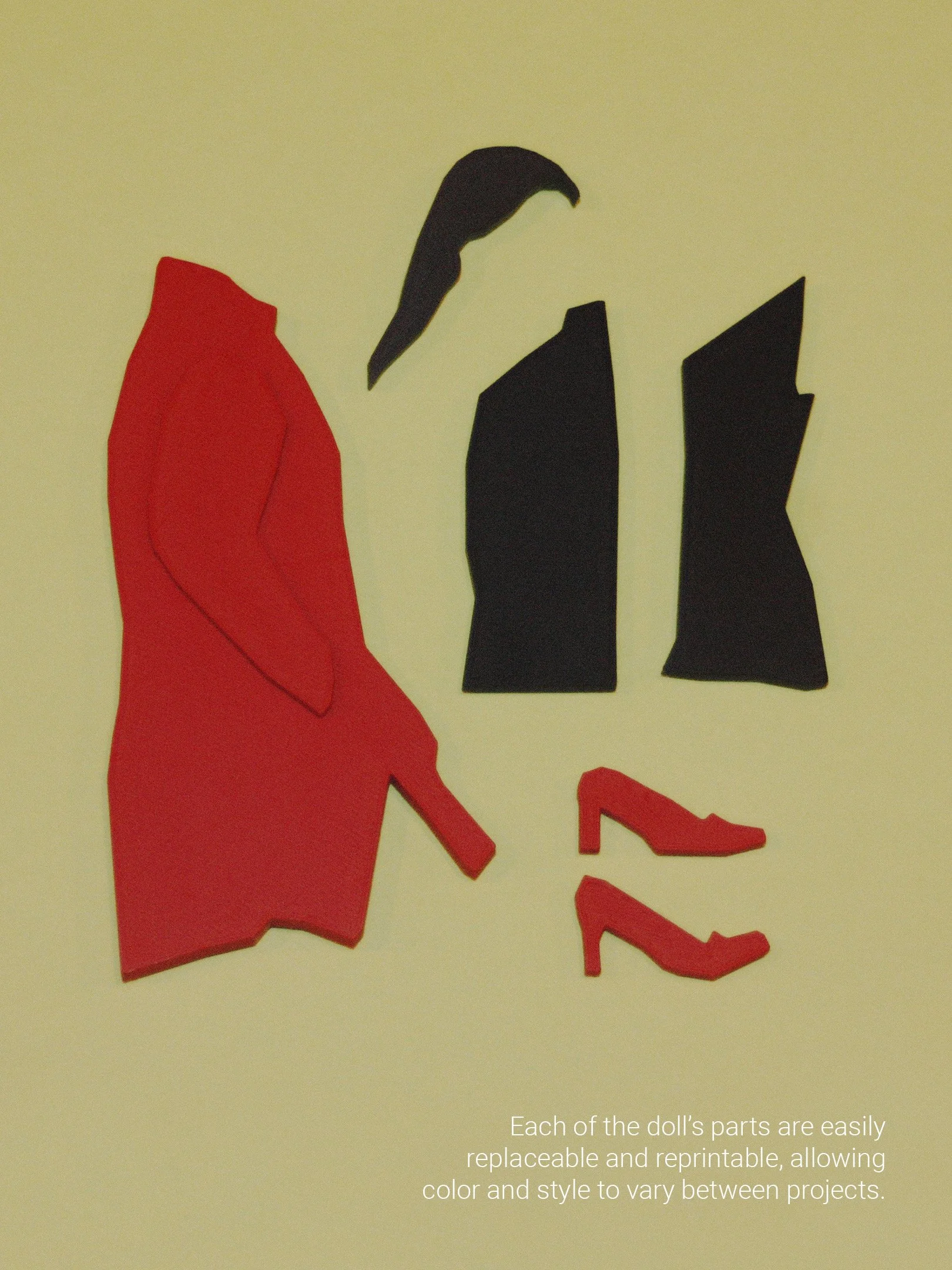 Paper cutouts of a red dress, black coat, black pants, red high-heeled shoes, and a black hairstyle, representing interchangeable doll clothing parts.