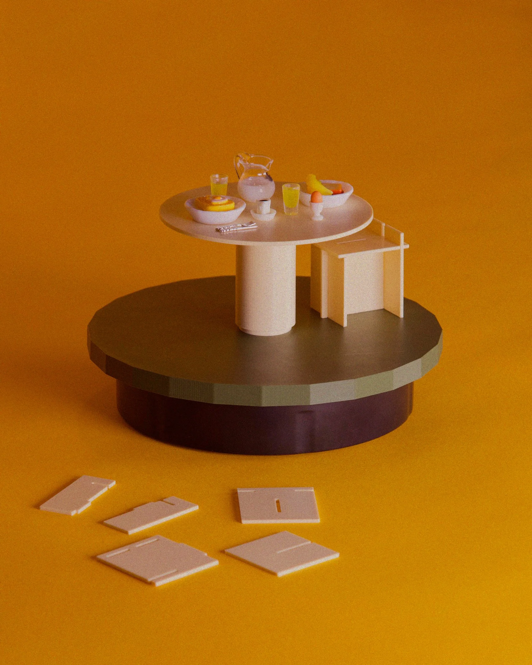 Miniature wooden table with food items, glasses, pitcher, and small chairs on a yellow background.