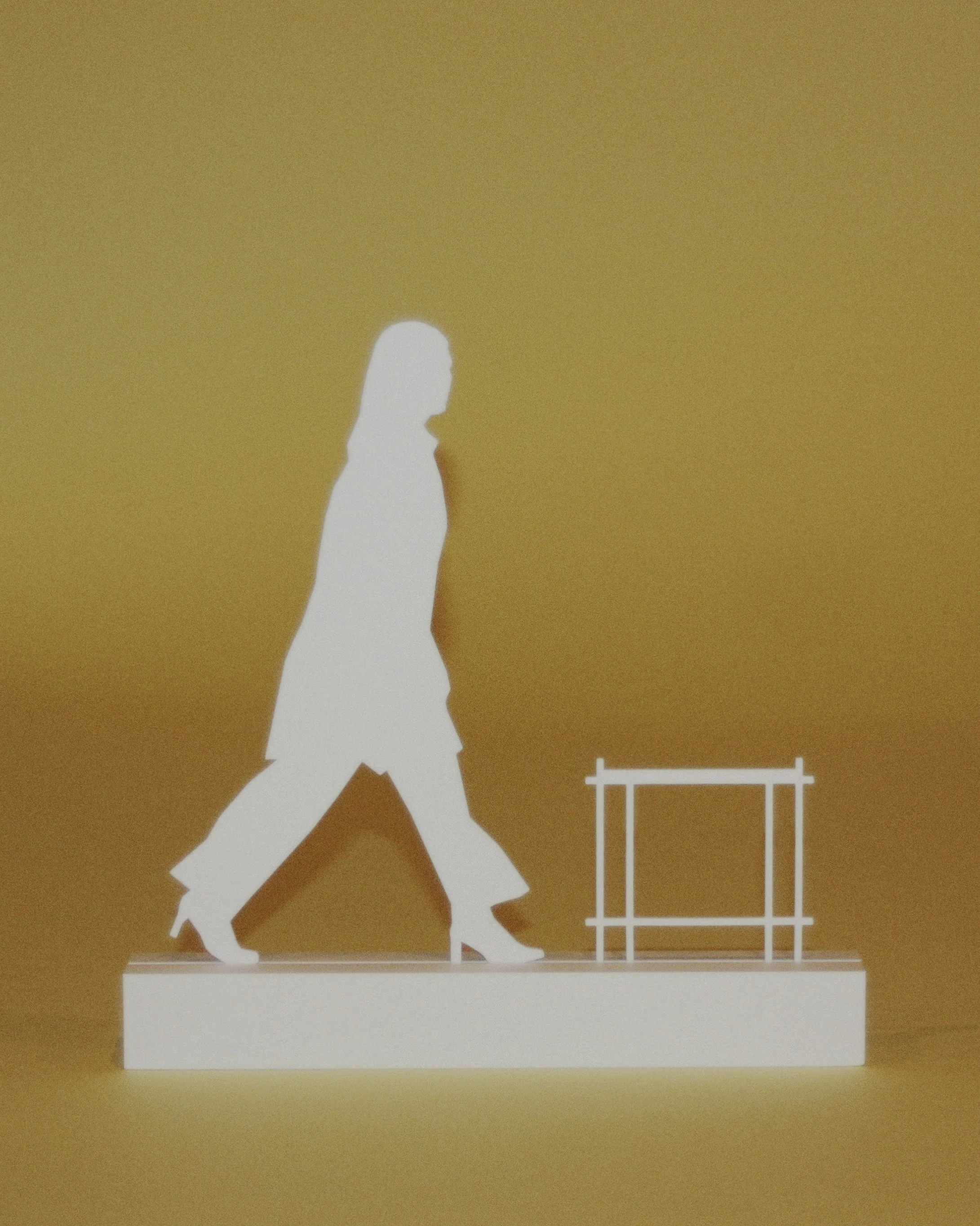 White silhouette of a person walking with a cane, towards a small structure, set against a mustard yellow background.