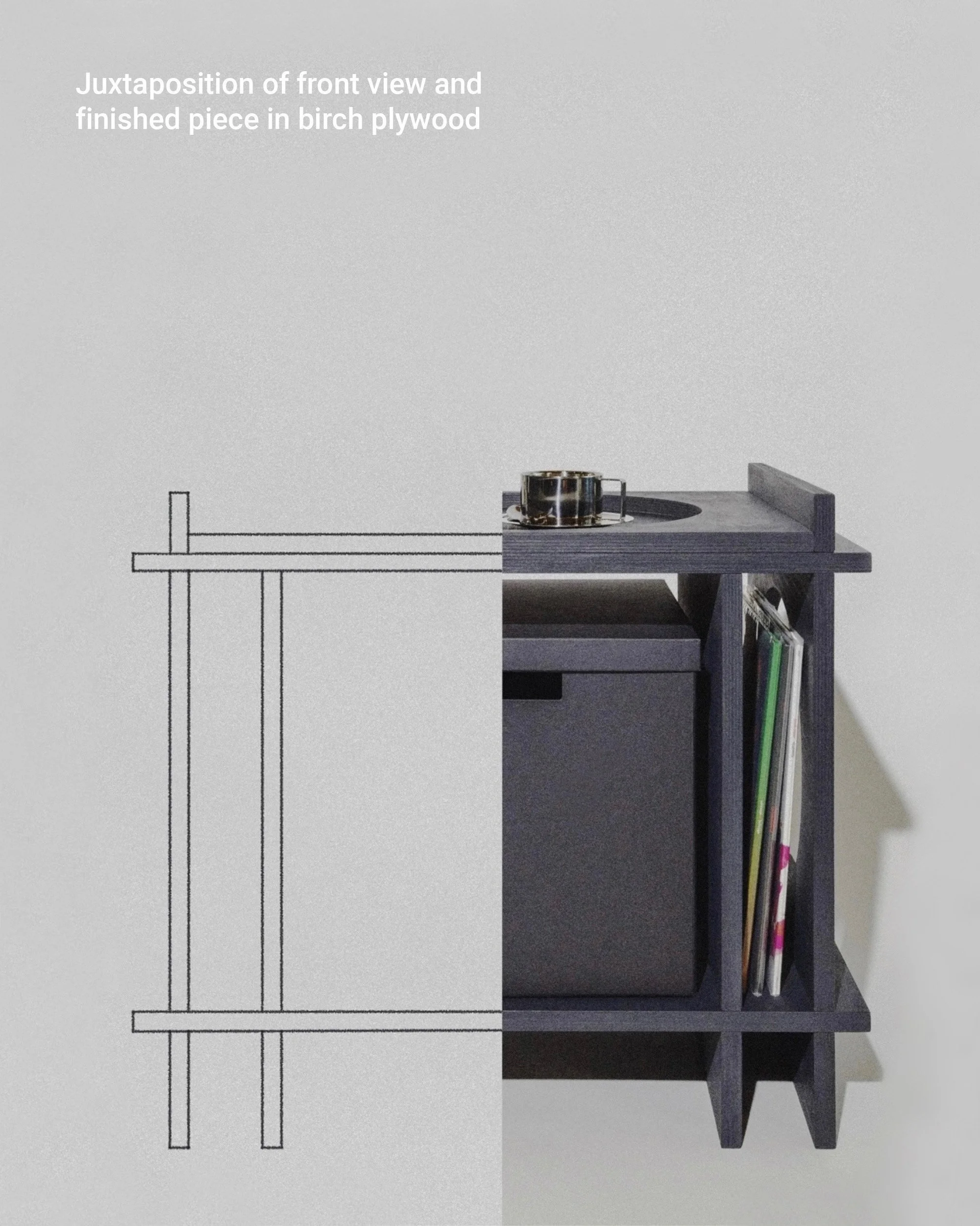 Image showing a side-by-side comparison of a front view of a furniture piece and a finished piece in birch plywood; the finished piece has a dark finish, containing a drawer, magazine rack, and a workspace surface with a small pot or container on top