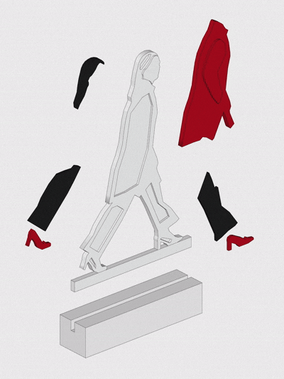 Disassembled mannequin of a woman walking, with clothing pieces and base parts arranged around it.