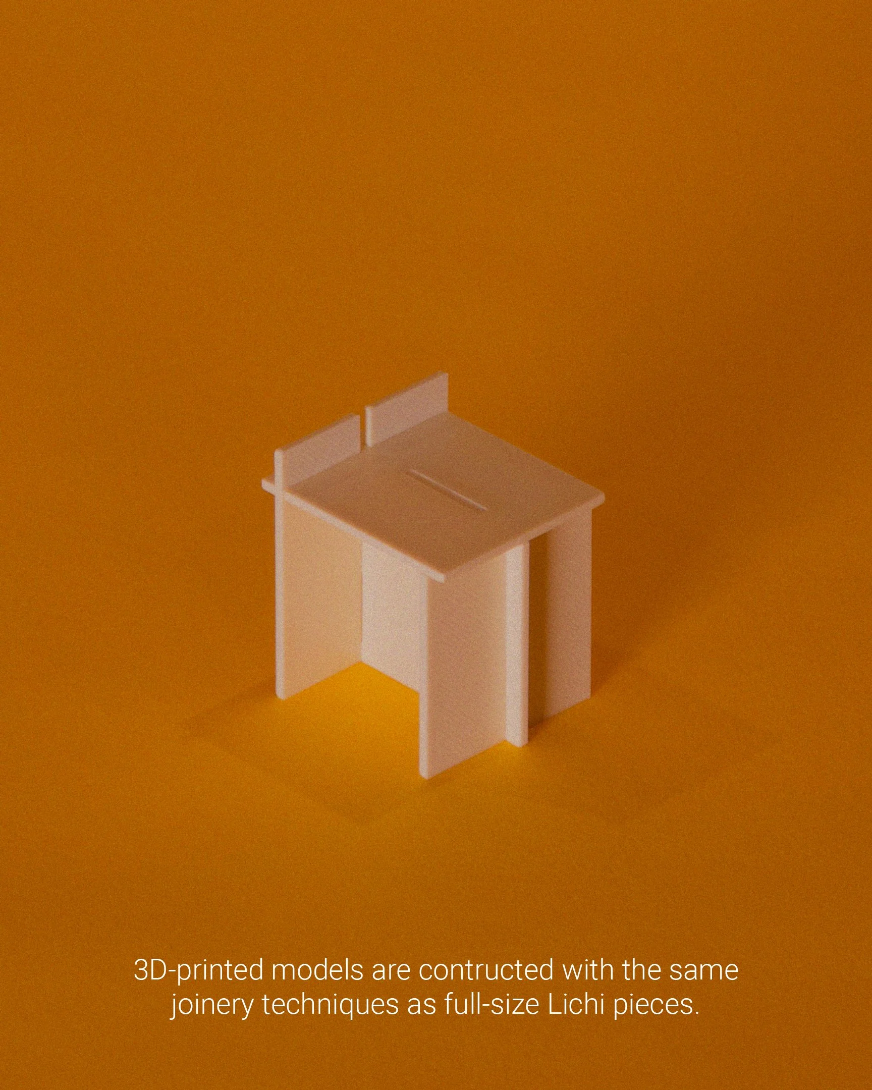 A small, white, 3D-printed table with a slot on its tabletop, set against a yellow background. Text at the bottom reads, "3D-printed models are constructed with the same joinery techniques as full-size Lichi pieces."