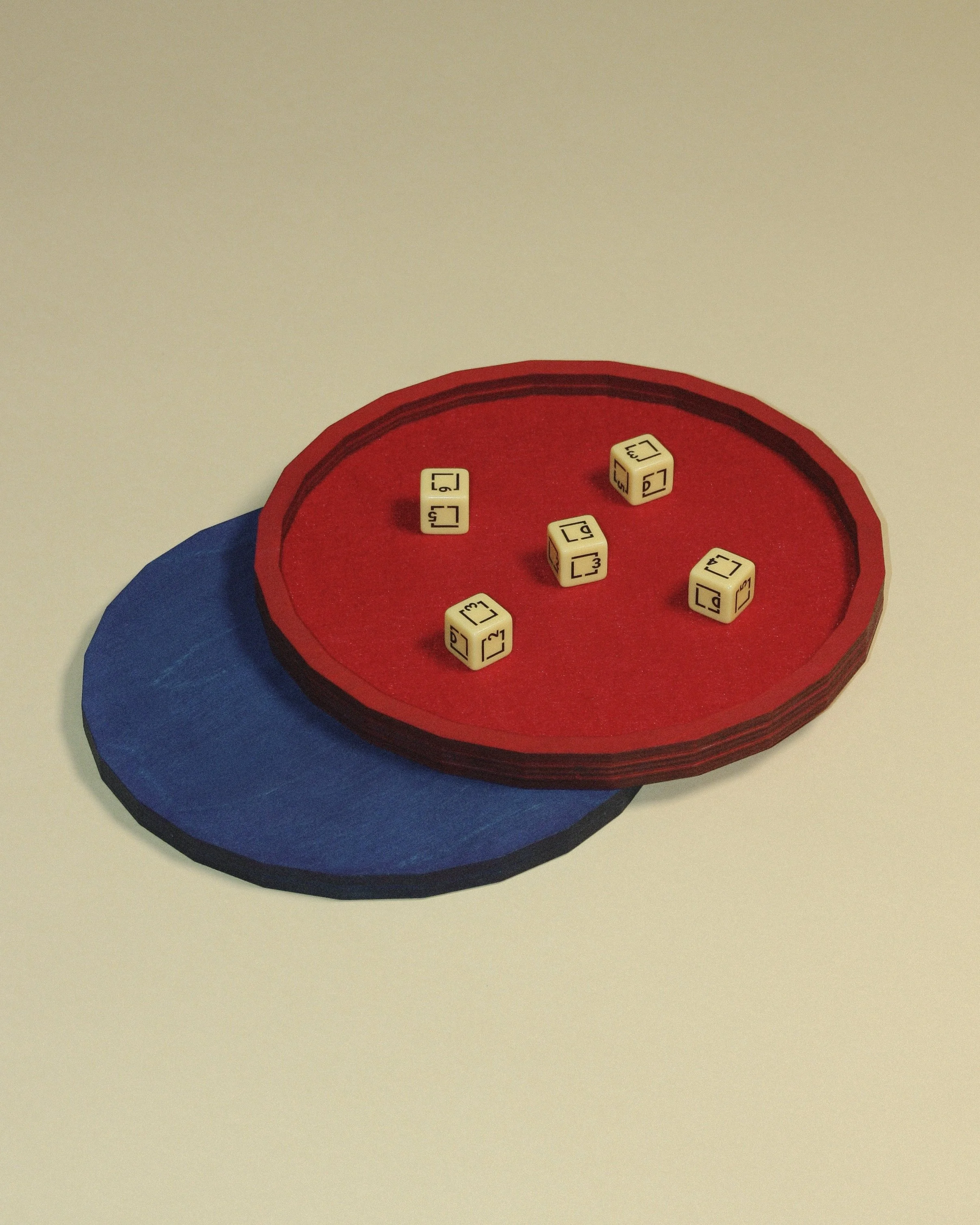 A tabletop gaming setup with two stacked circular mats, a red one on top of a blue one, and five small, labeled dice placed on the red mat.